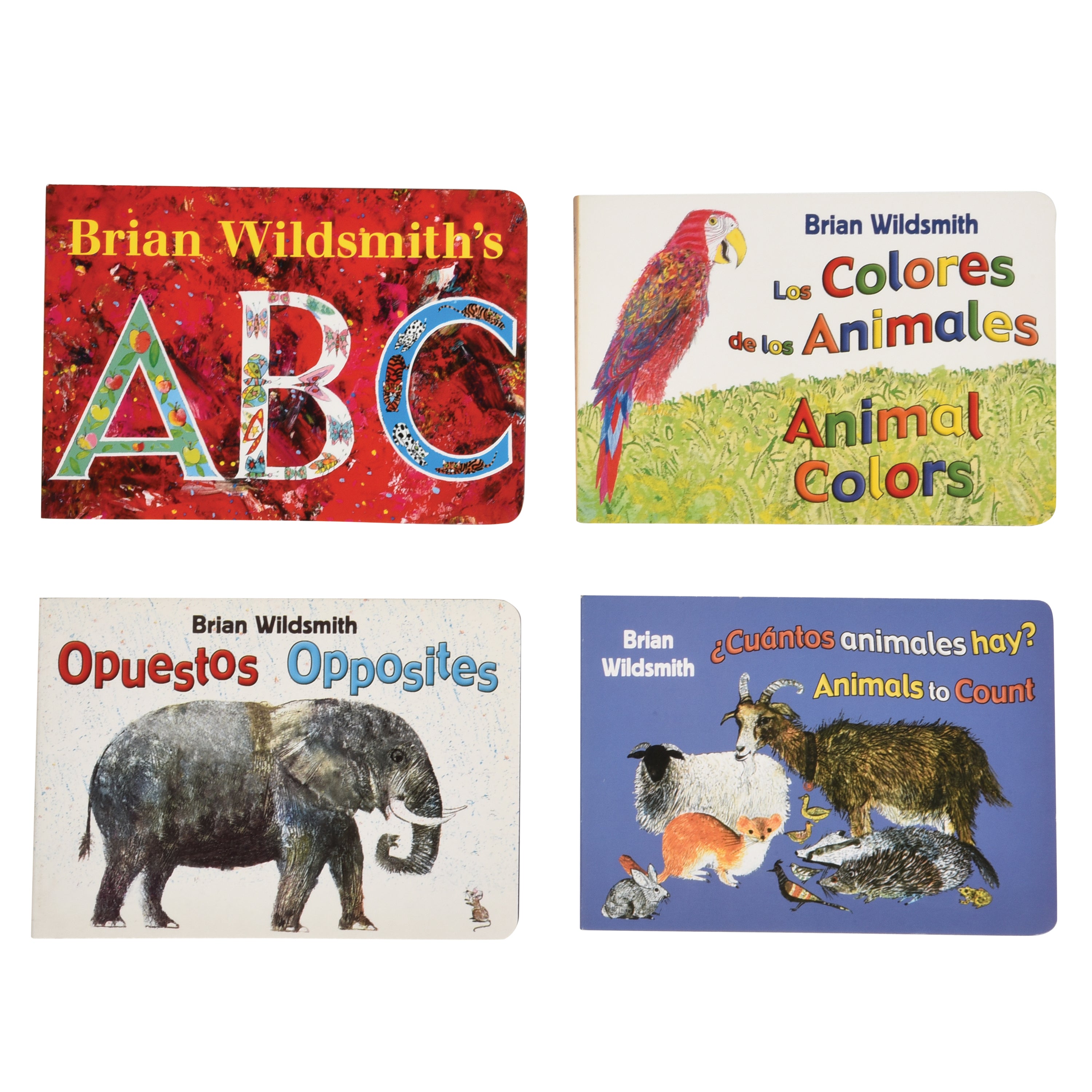 Four children's board books by Brian Wildsmith arranged in a 2x2 grid on a white background: 'ABC', 'Animal Colors', 'Opposites', and 'Animals to Count'.