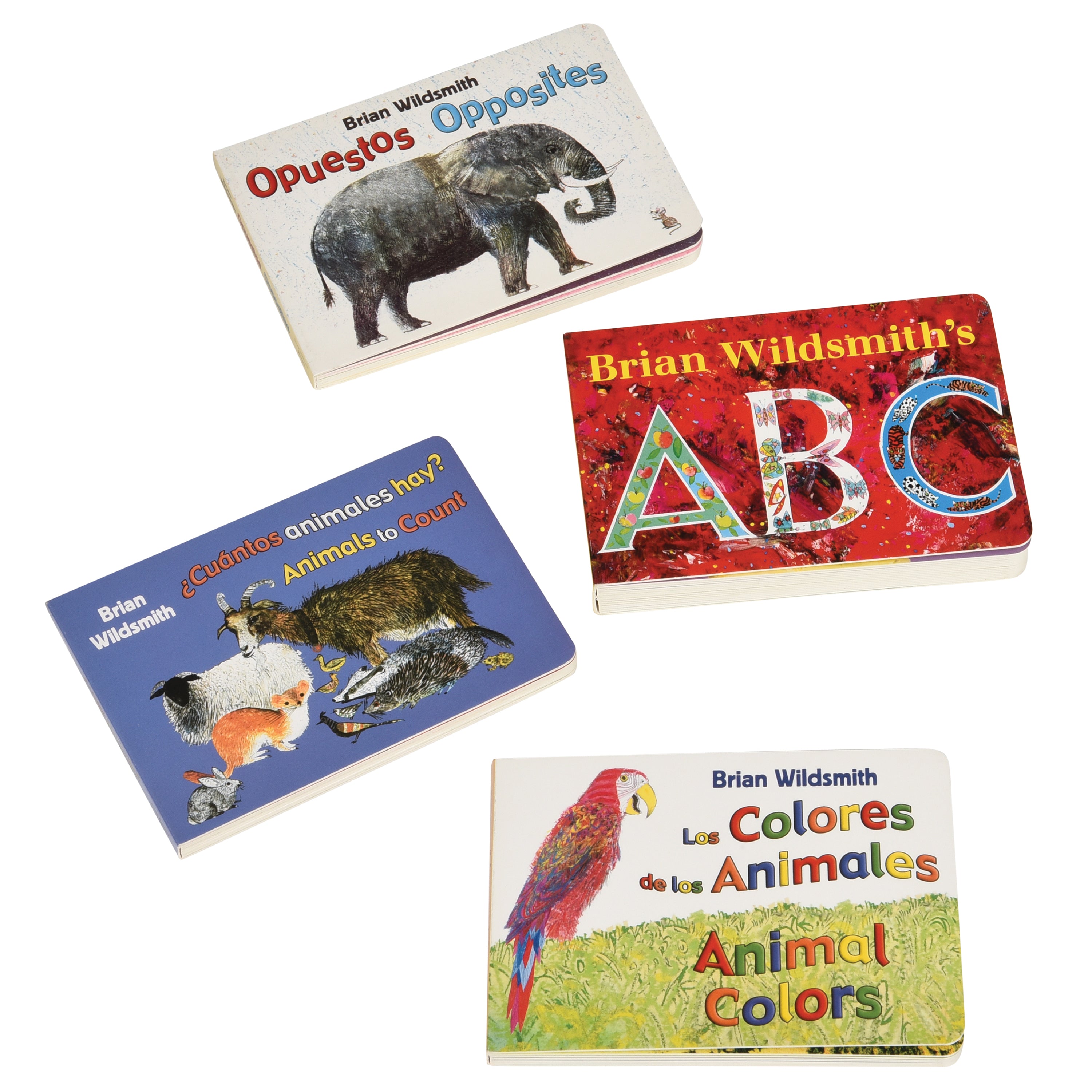 Four children's board books by Brian Wildsmith arranged on a plain white background: Opuestos, ABC, ¿Cuánto animales hay?, and Los Colores de los Animales.