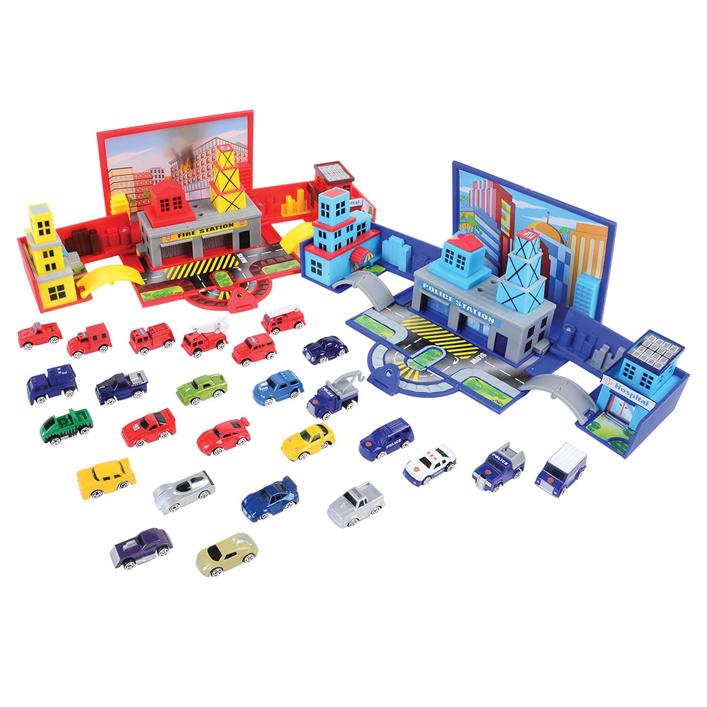 28-Piece Die Cast Micro Racers Playset with Pop-Up Cityscapes