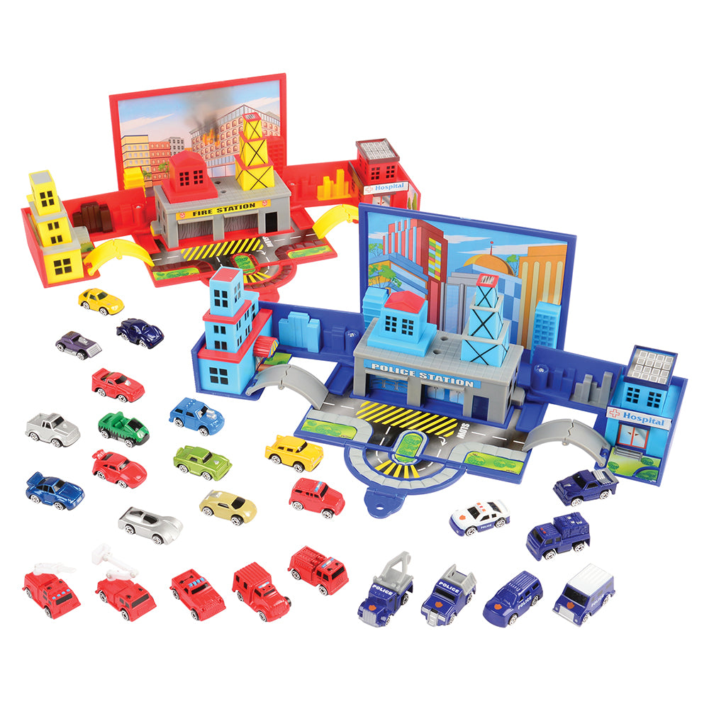 28-Piece Die Cast Micro Racers Playset with Pop-Up Cityscapes