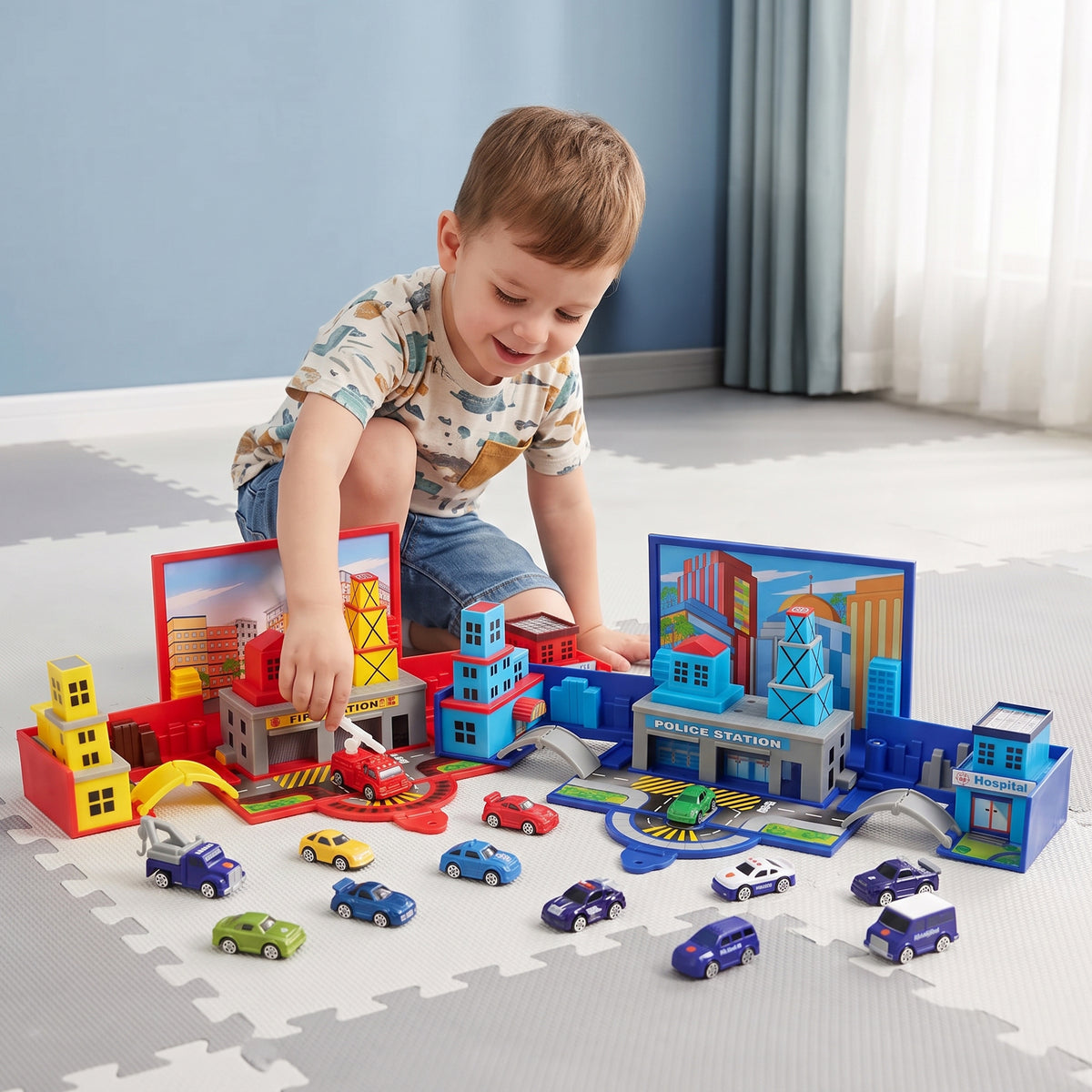 Die Cast Micro Racers Playset | 26 Vehicles & Pop-Up Cityscapes for Ages 3+