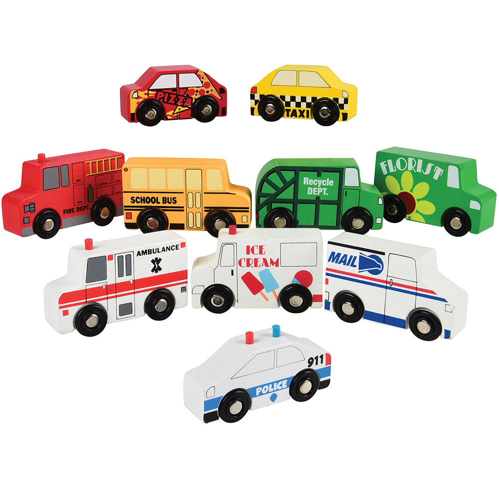 10-Piece Wooden Community Vehicle Set with Police Car & Taxi