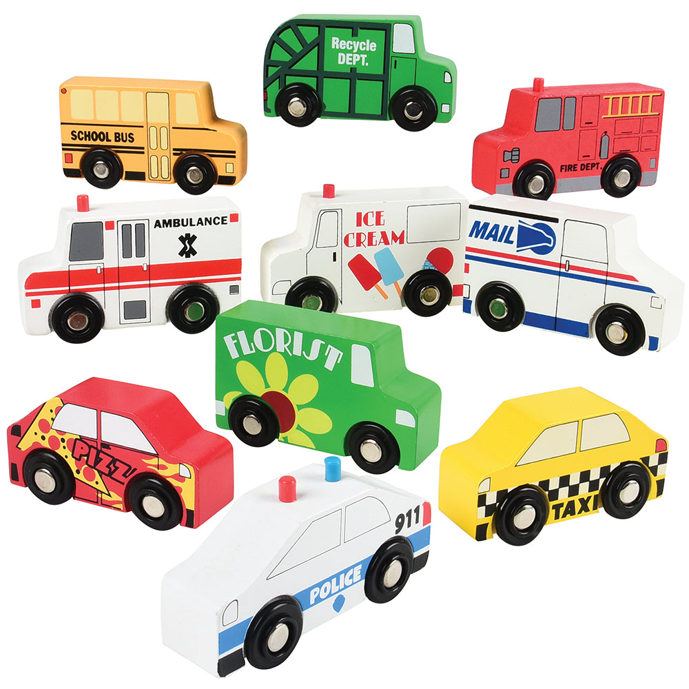 10-Piece Wooden Community Vehicle Set with School Bus & Ambulance