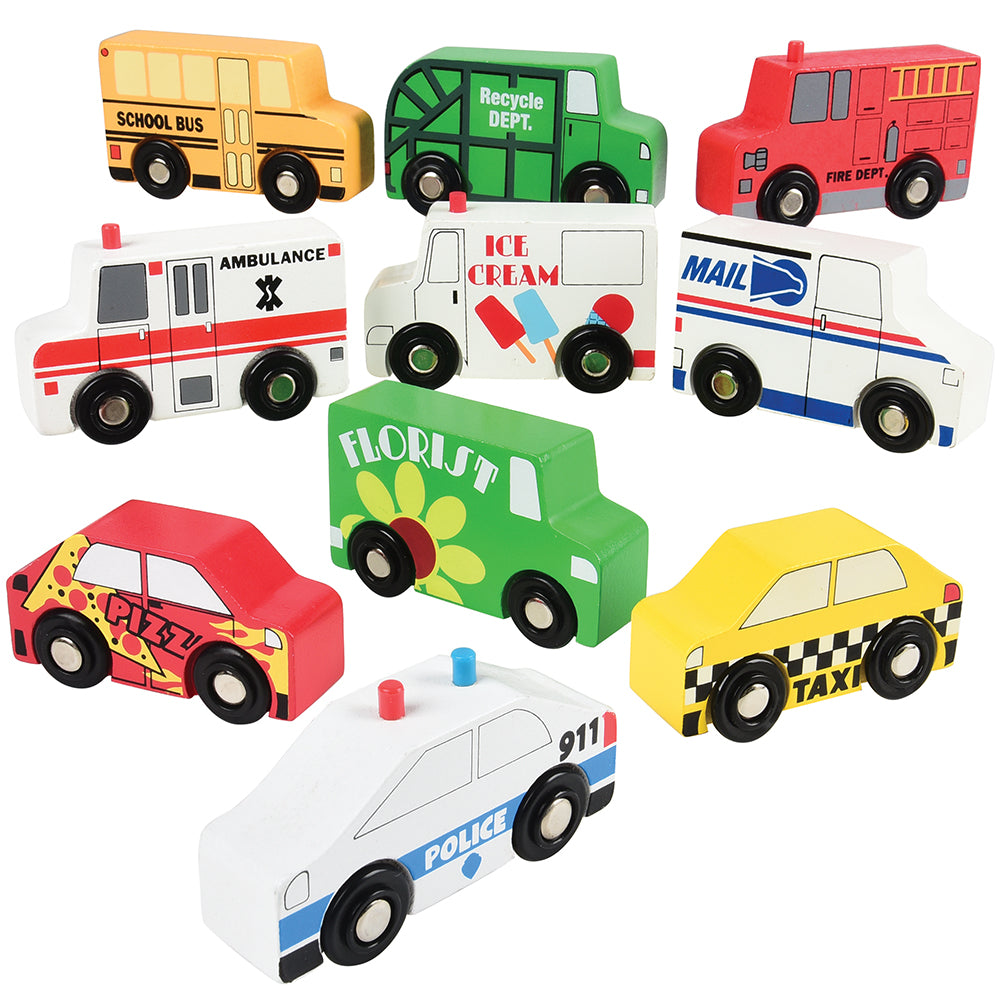 10-Piece Wooden Community Vehicle Set with Ice Cream Truck & Fire Truck