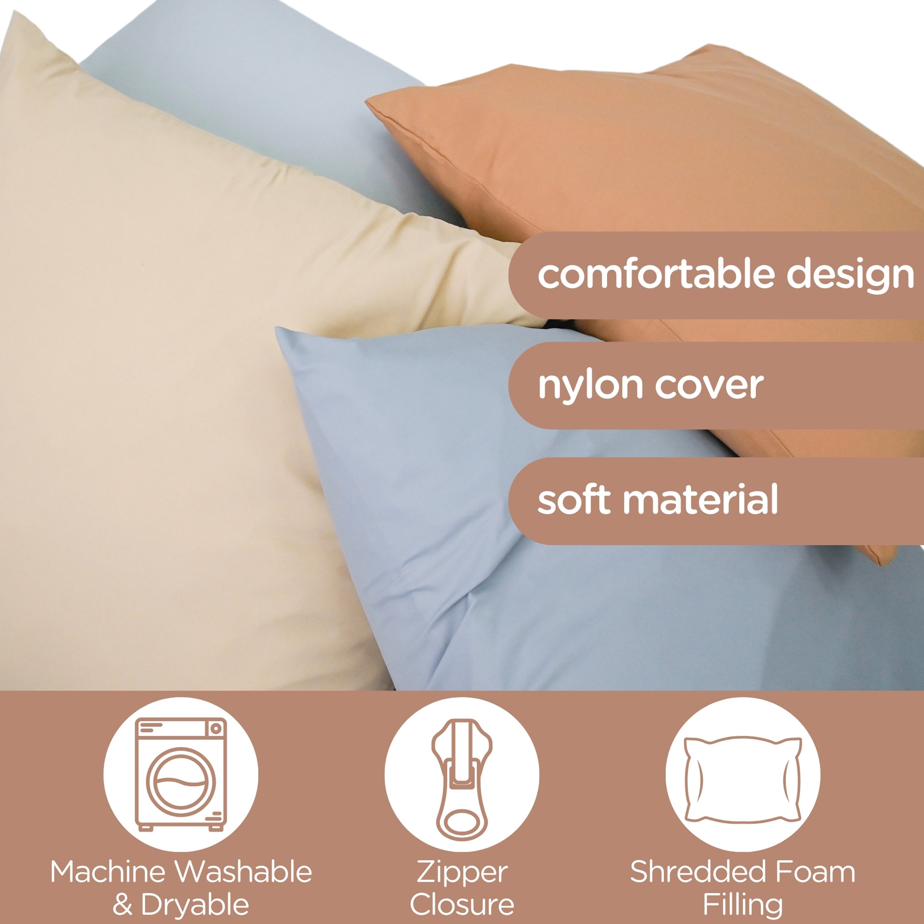 Pillows with text highlighting features like 'comfortable design', 'nylon cover', and 'soft material'.