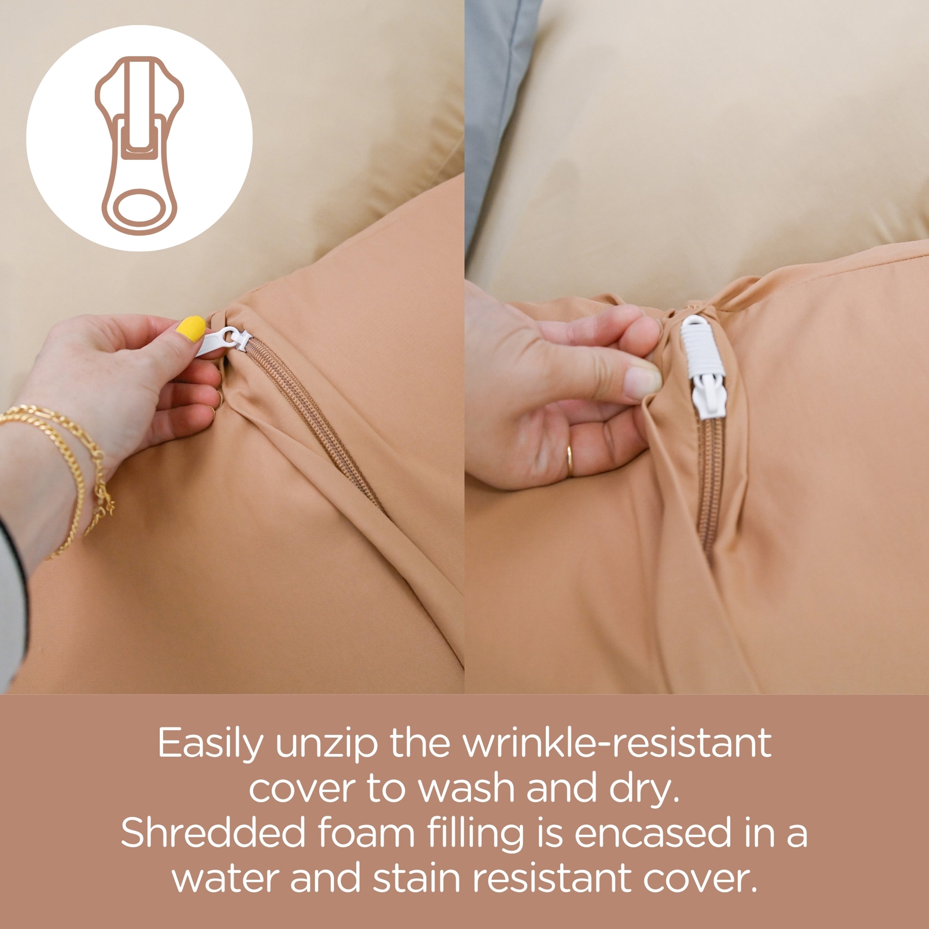 Person unzipping a wrinkle-resistant cover with text explaining its features.