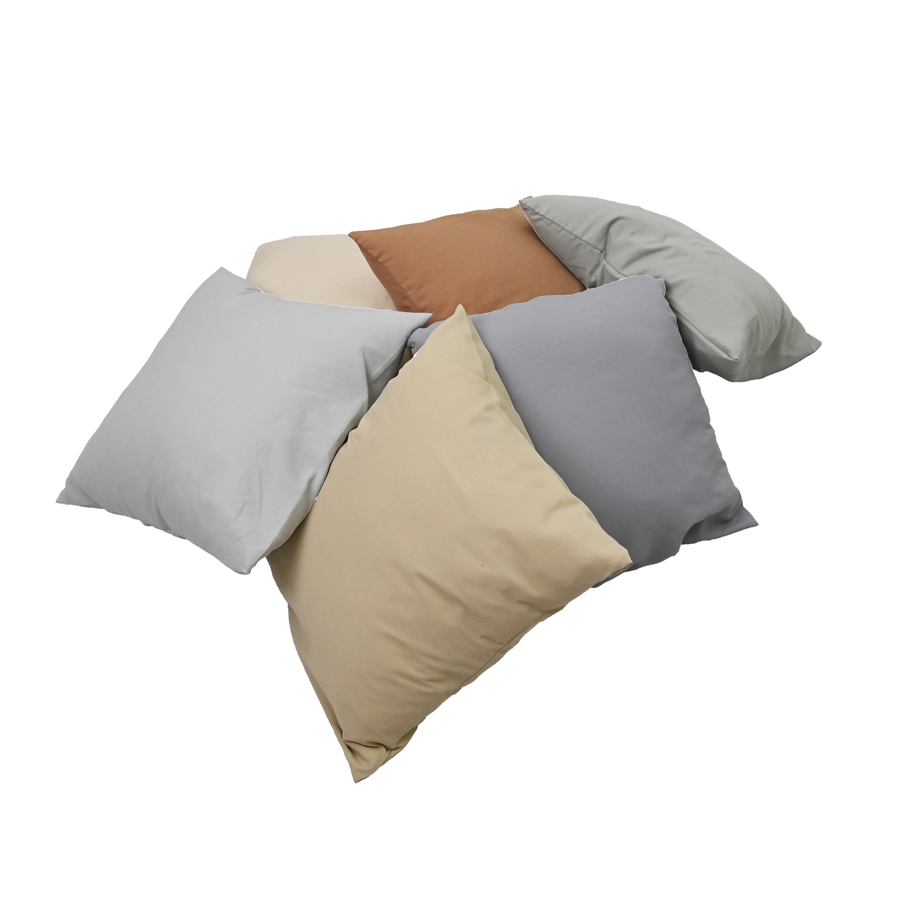 Set of six pillows in gray, beige, and brown on a white background