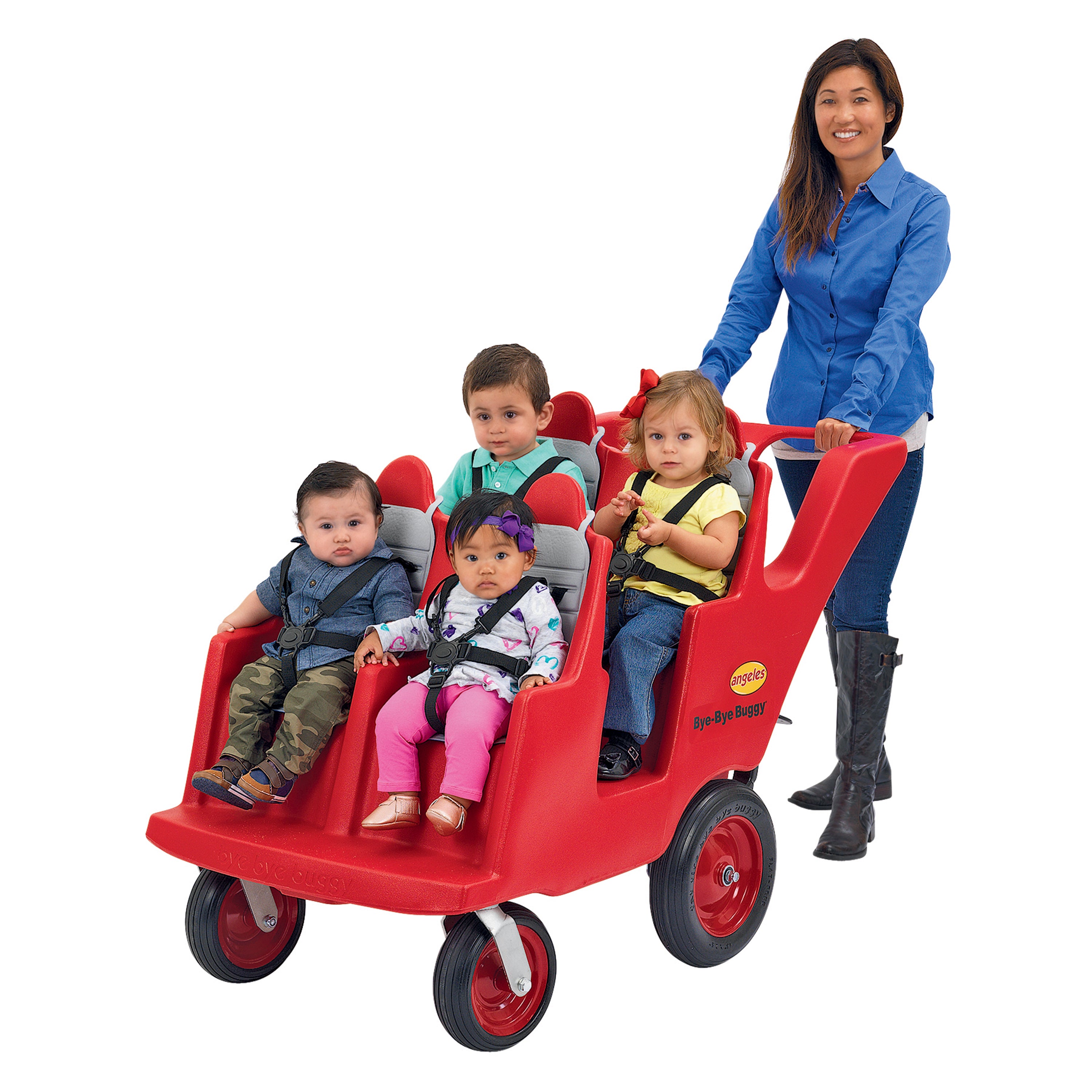 Red stroller with four children seated, being pushed by a woman on a white background