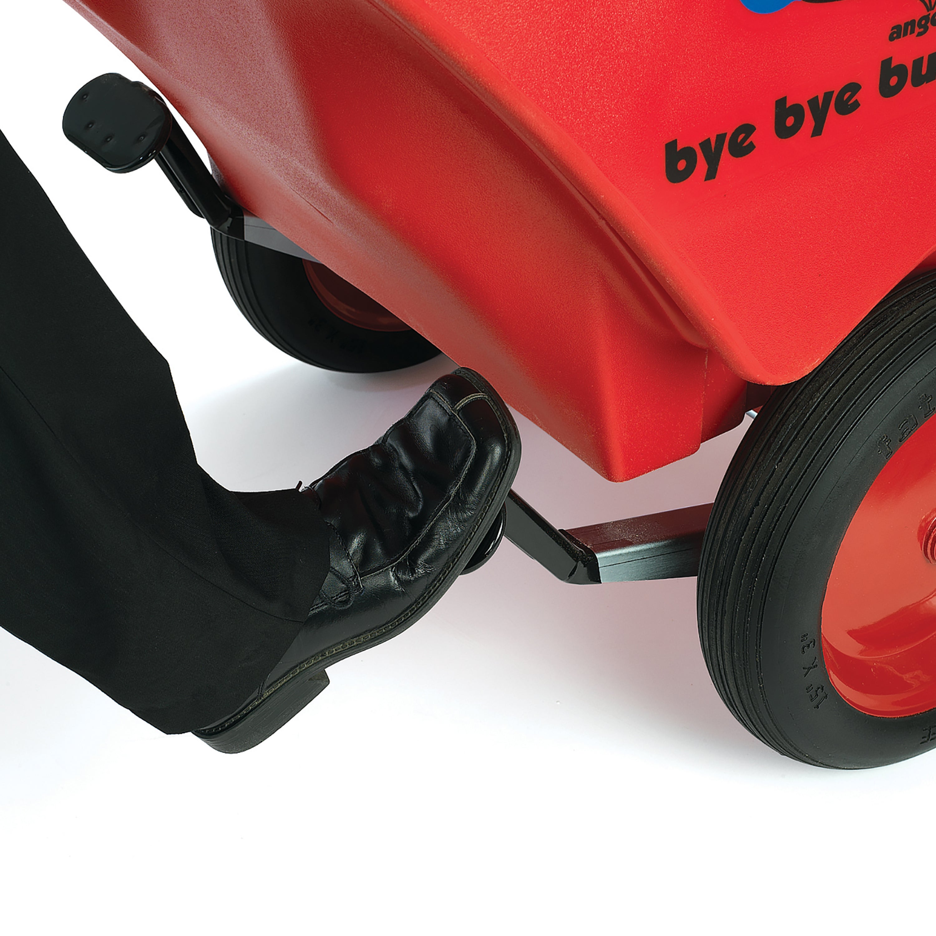 Red toy wagon with black wheels on a white background