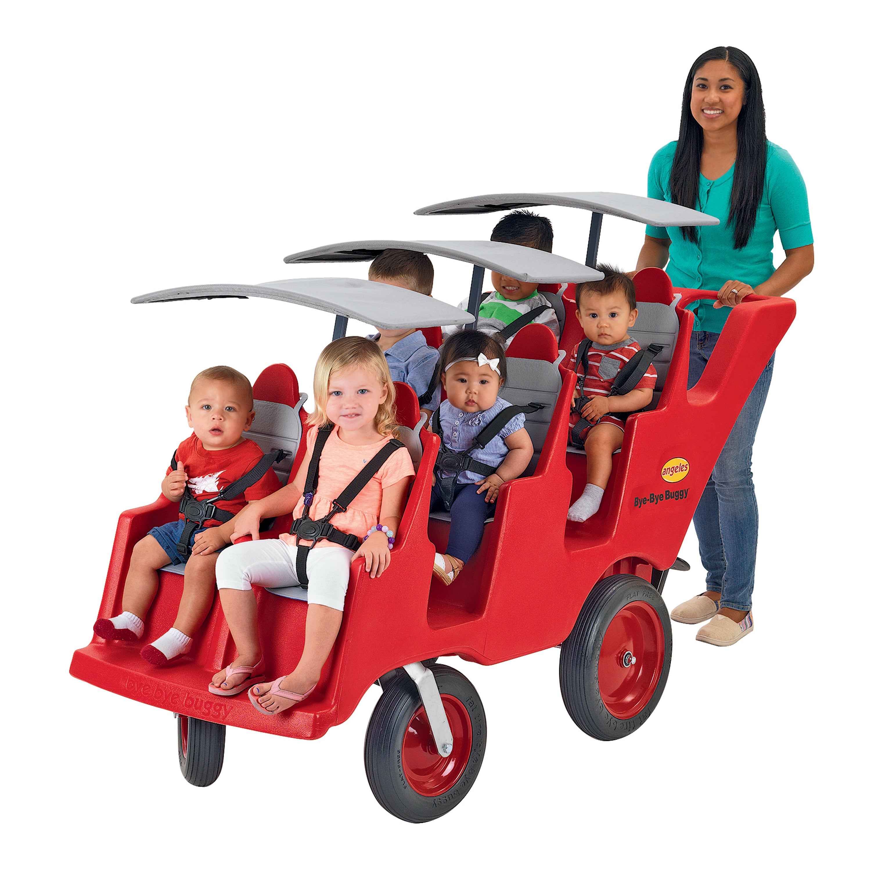 Red multi-seater cart with children and a woman on a white background