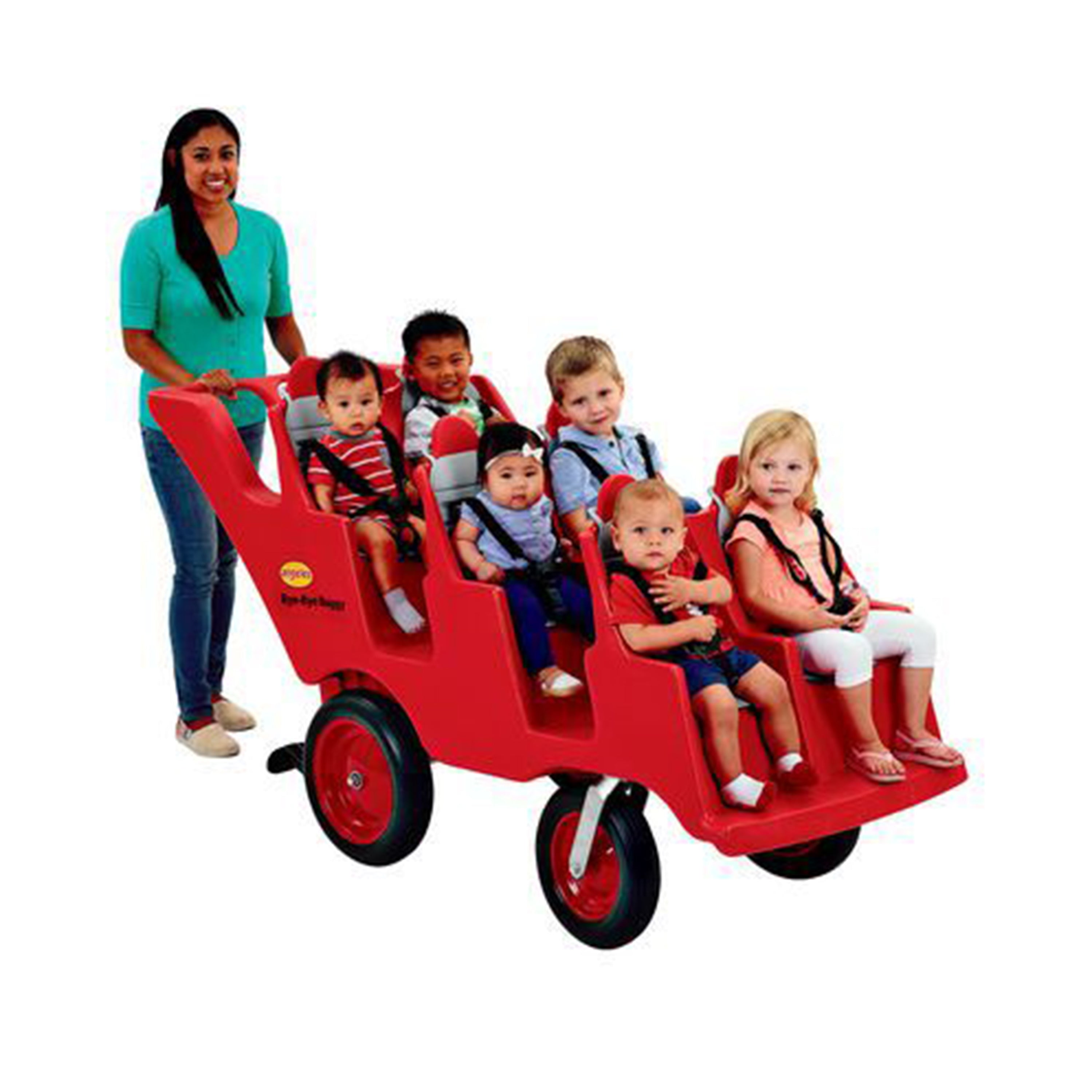 Red wagon with six children sitting inside on a white background