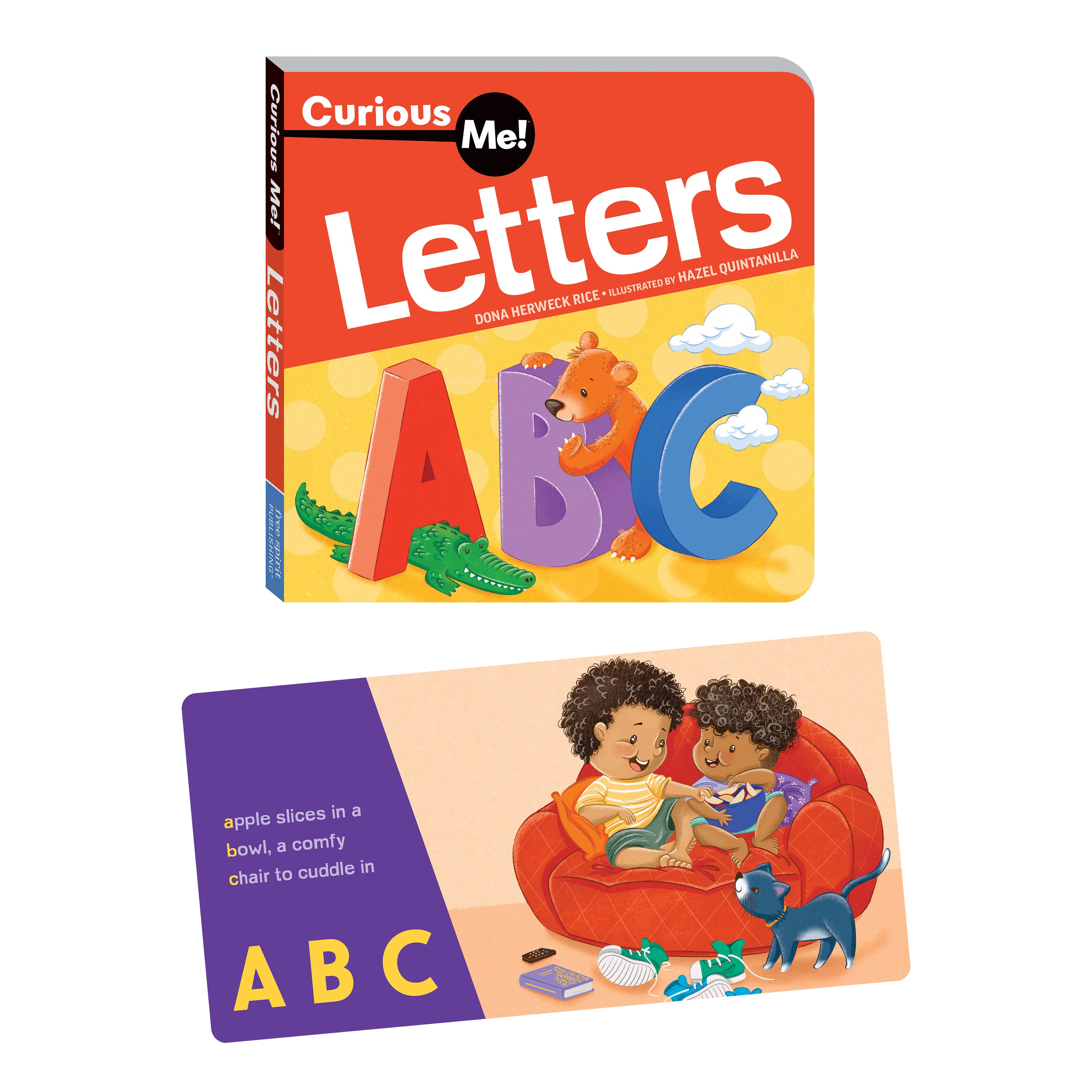 Children's book titled 'Curious Me! Letters ABC' with colorful cover and inset image of two children reading.