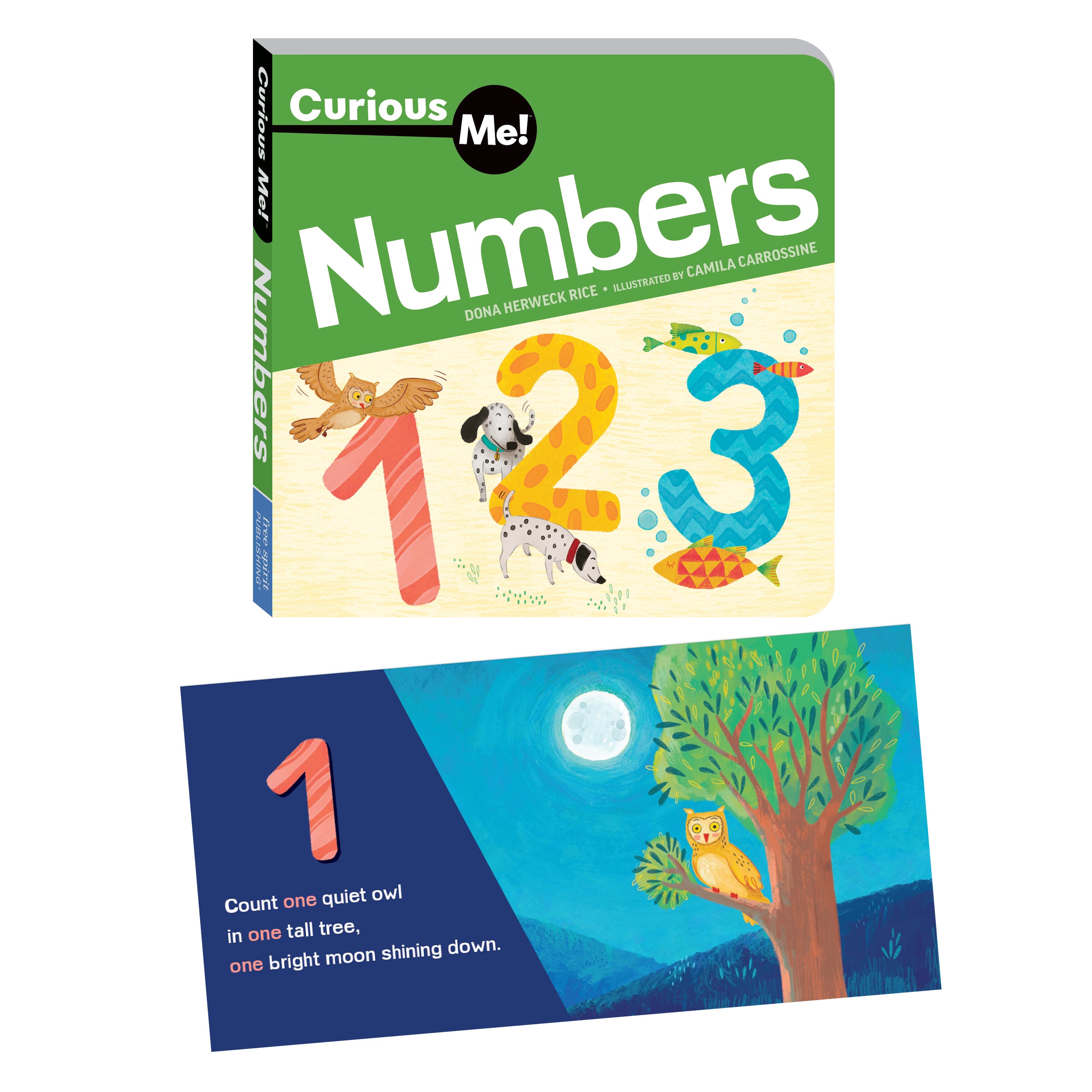 Children's book titled 'Curious Me! Numbers' with a colorful cover and a smaller inset showing a page with numbers and animals.