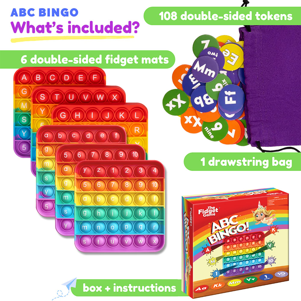 What's Included Info Graph for ABC Pop & Match Bingo