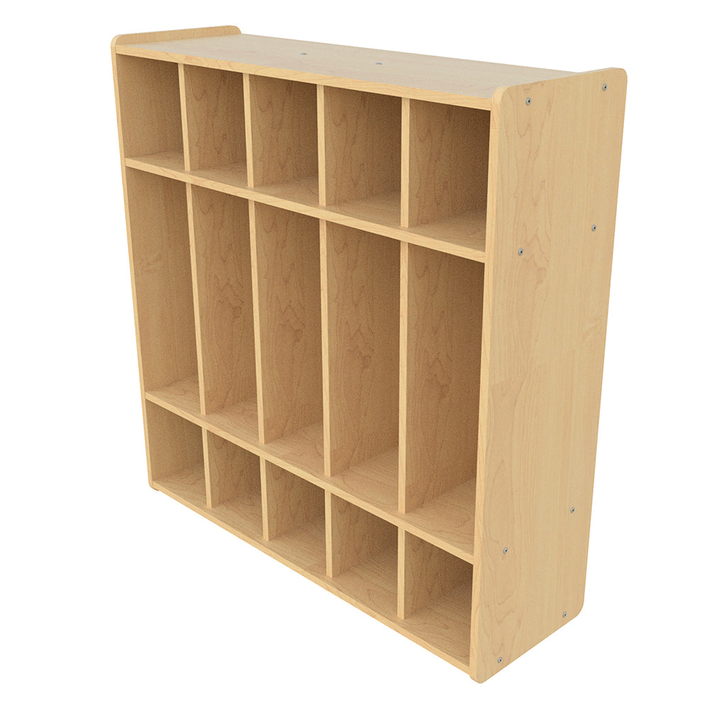 Side View of Tot Mate® 5-Section Preschool Locker with Cubbies, Coat Hooks & Shoe Storage | Maple Finish
