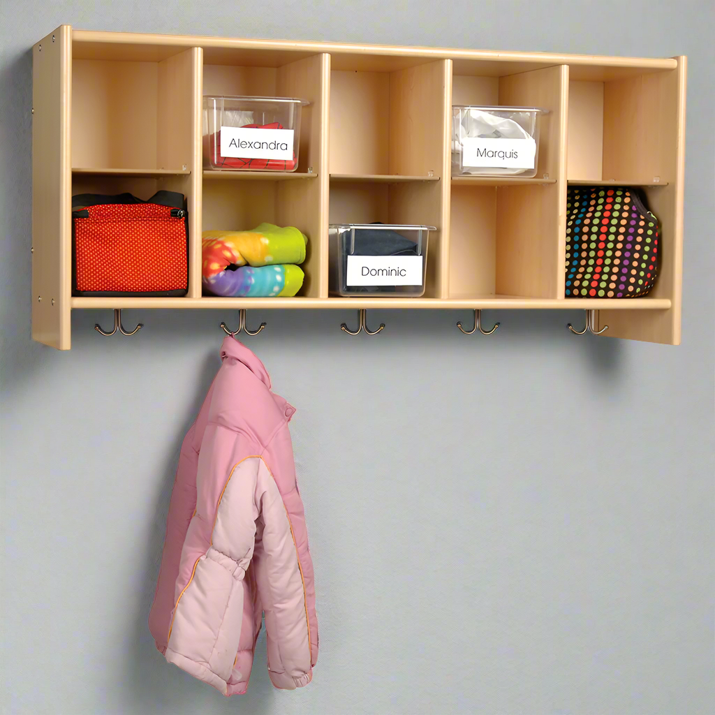 Birch Wall Cubbie | Classroom Storage with 10 Cubbies & 5 Double Hooks