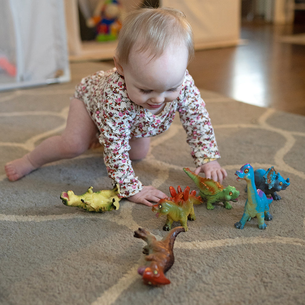 Toddler Playing with All 6 Soft Squeezable Dinosaur Toys