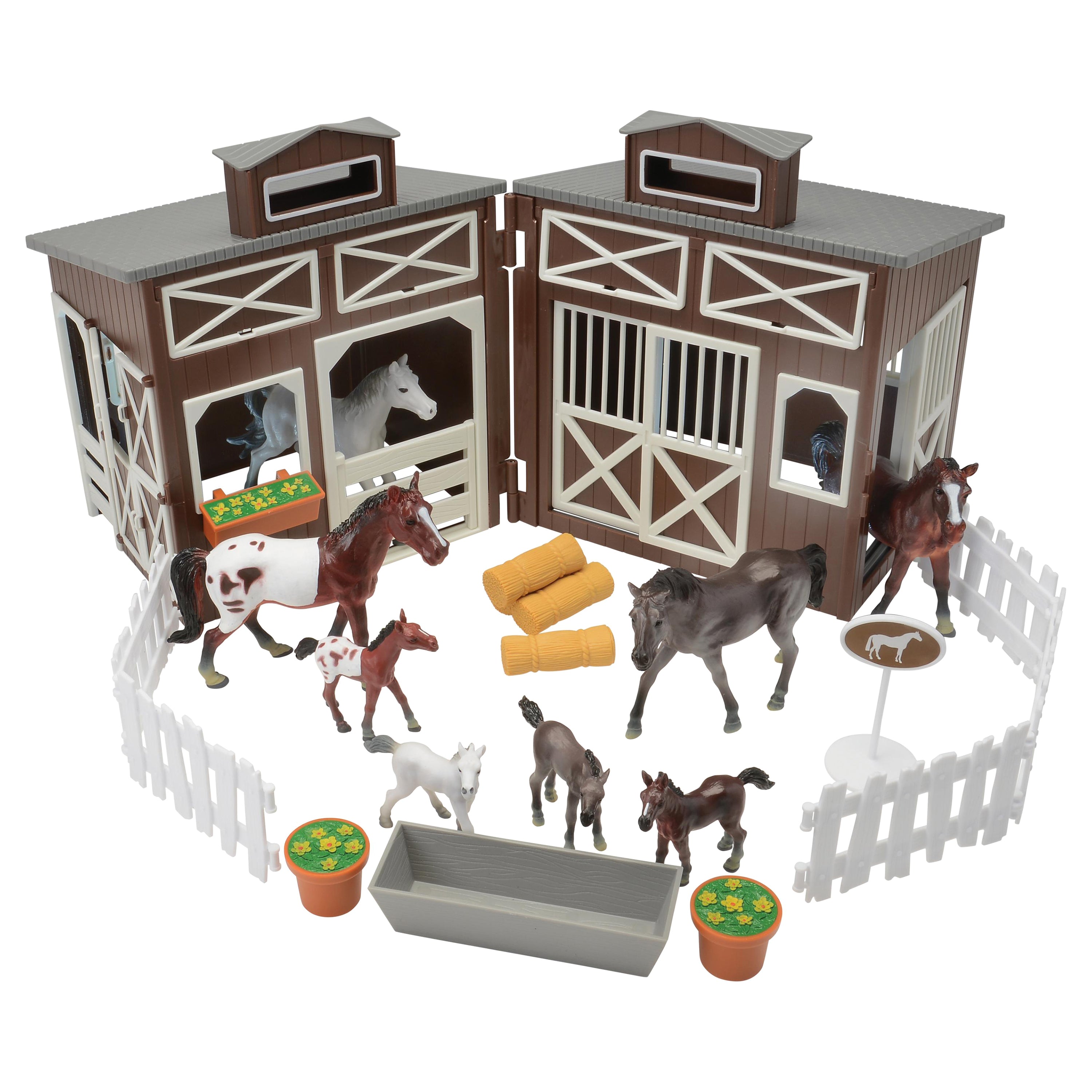 Deluxe Horse Stable Play Set | 4 Horses, 4 Ponies, White Corral & Accessories