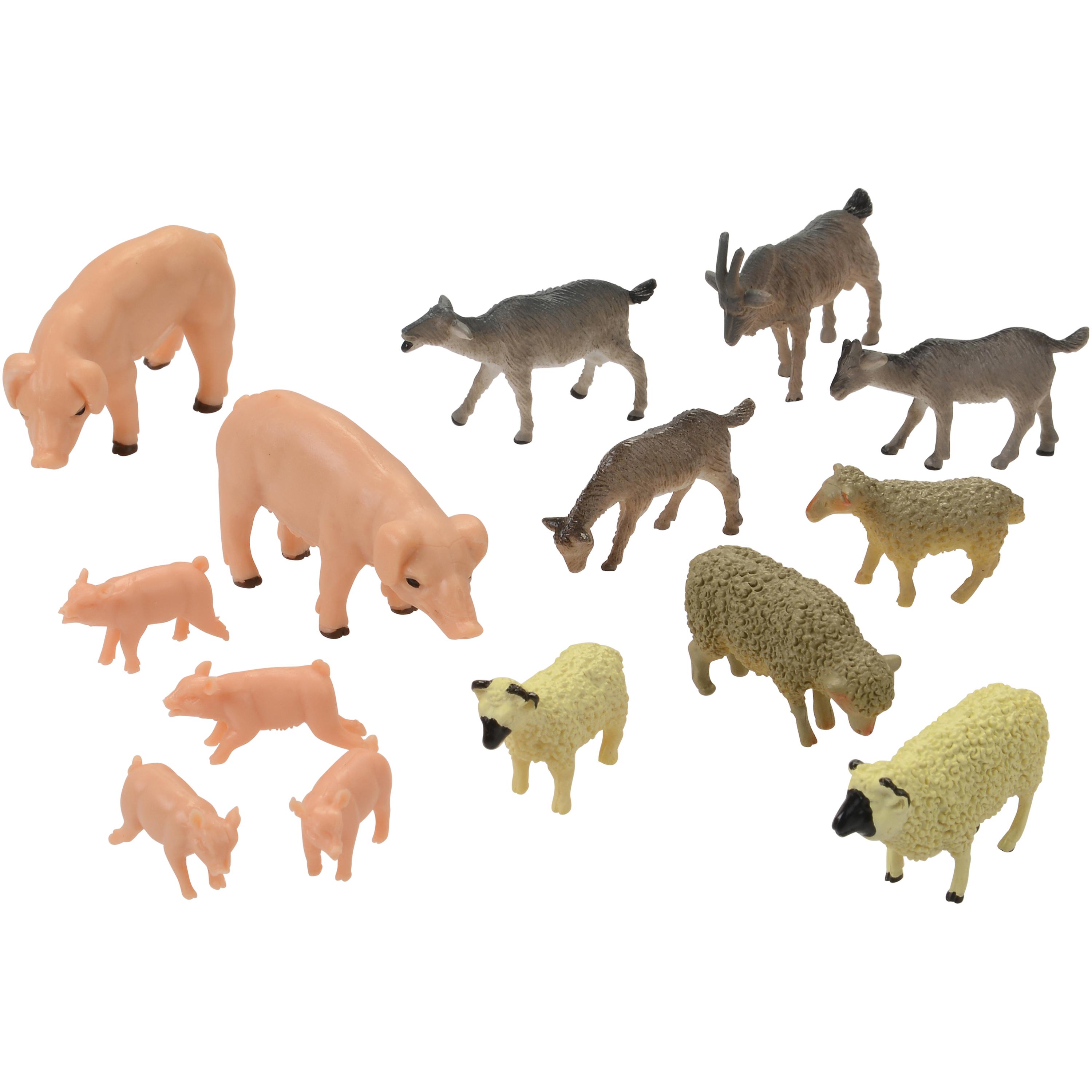Set of toy farm animals including pigs, goats, and sheep on a white background