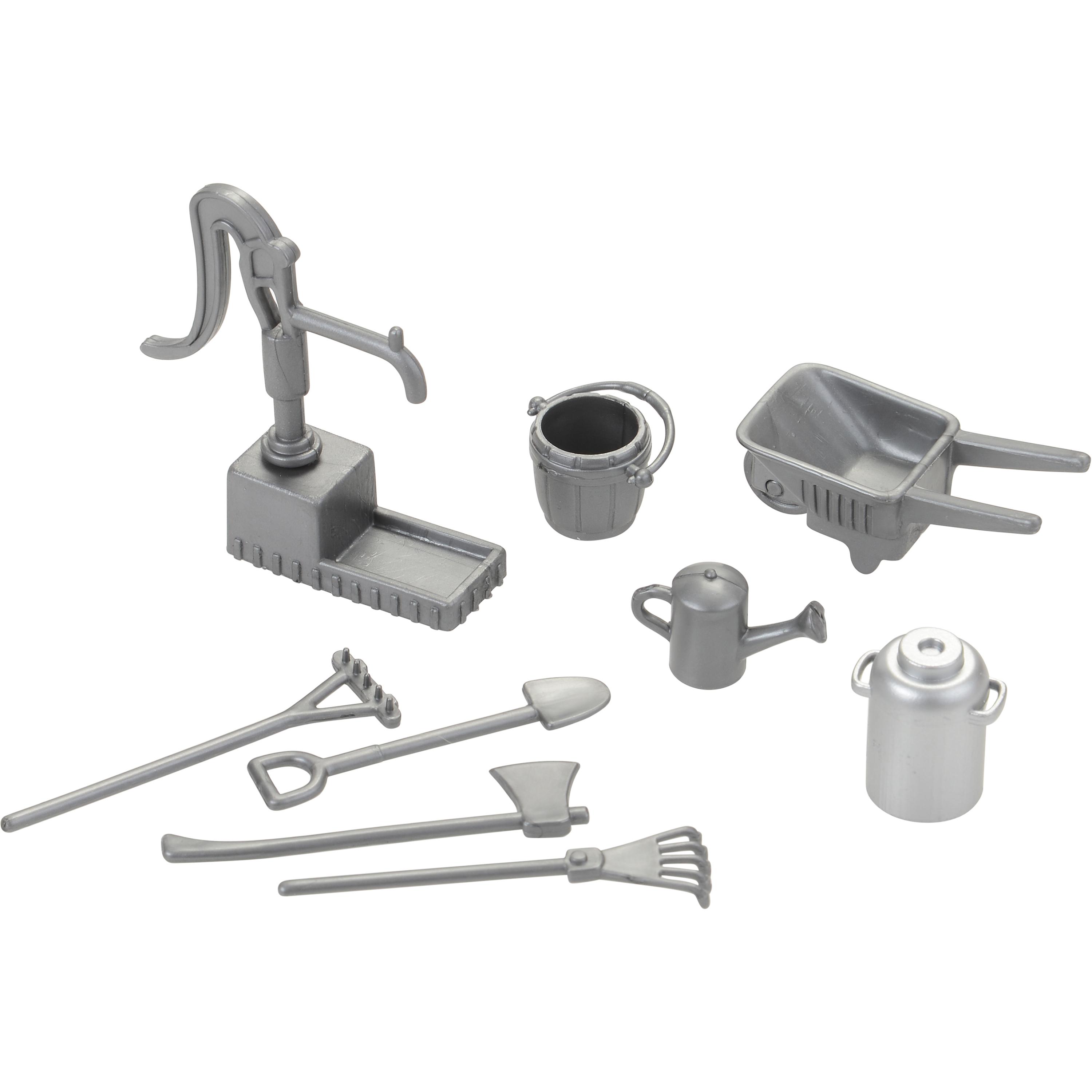 Set of gray toy gardening tools and accessories on a white background