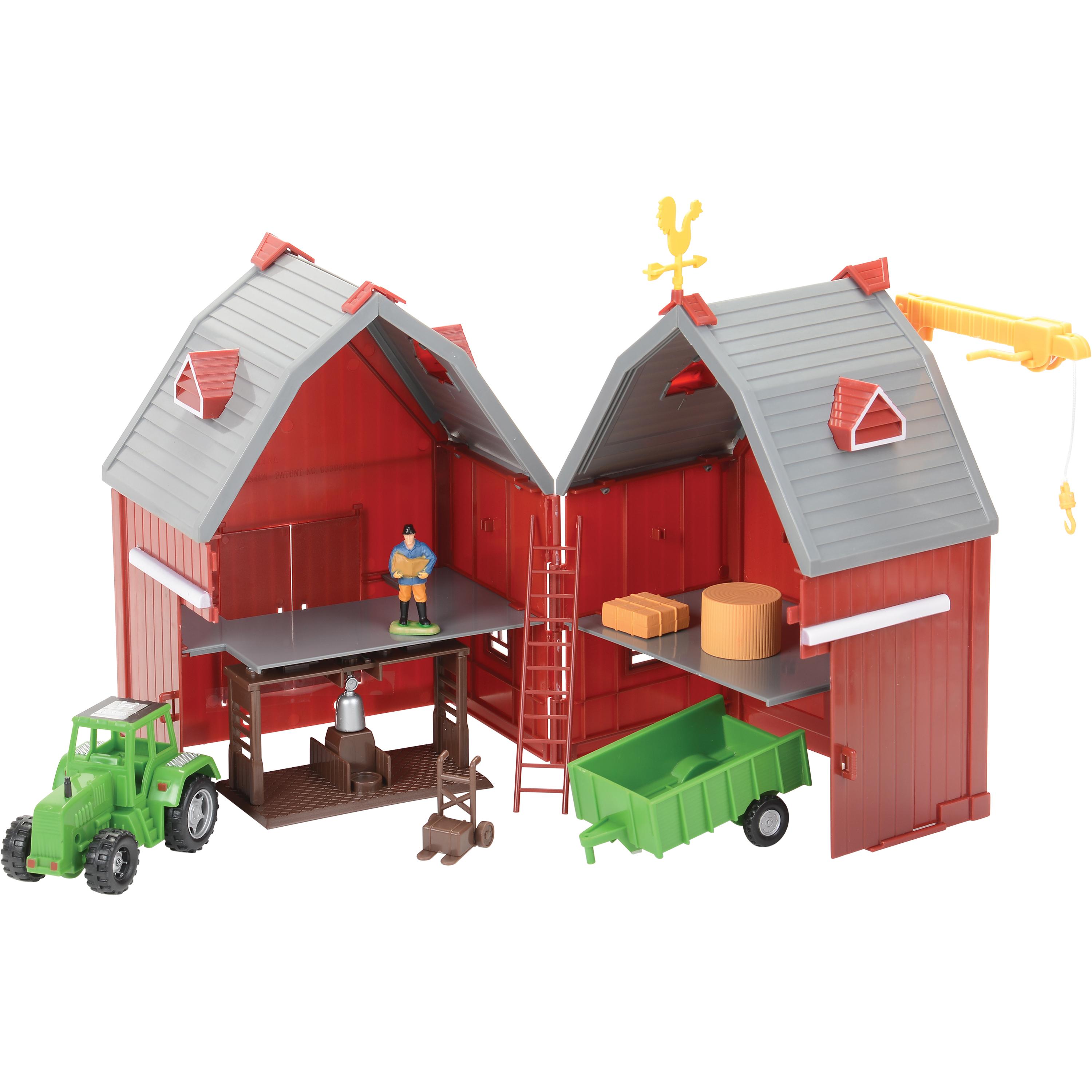 Toy farm set with red barns, green tractor, and figures on a white background