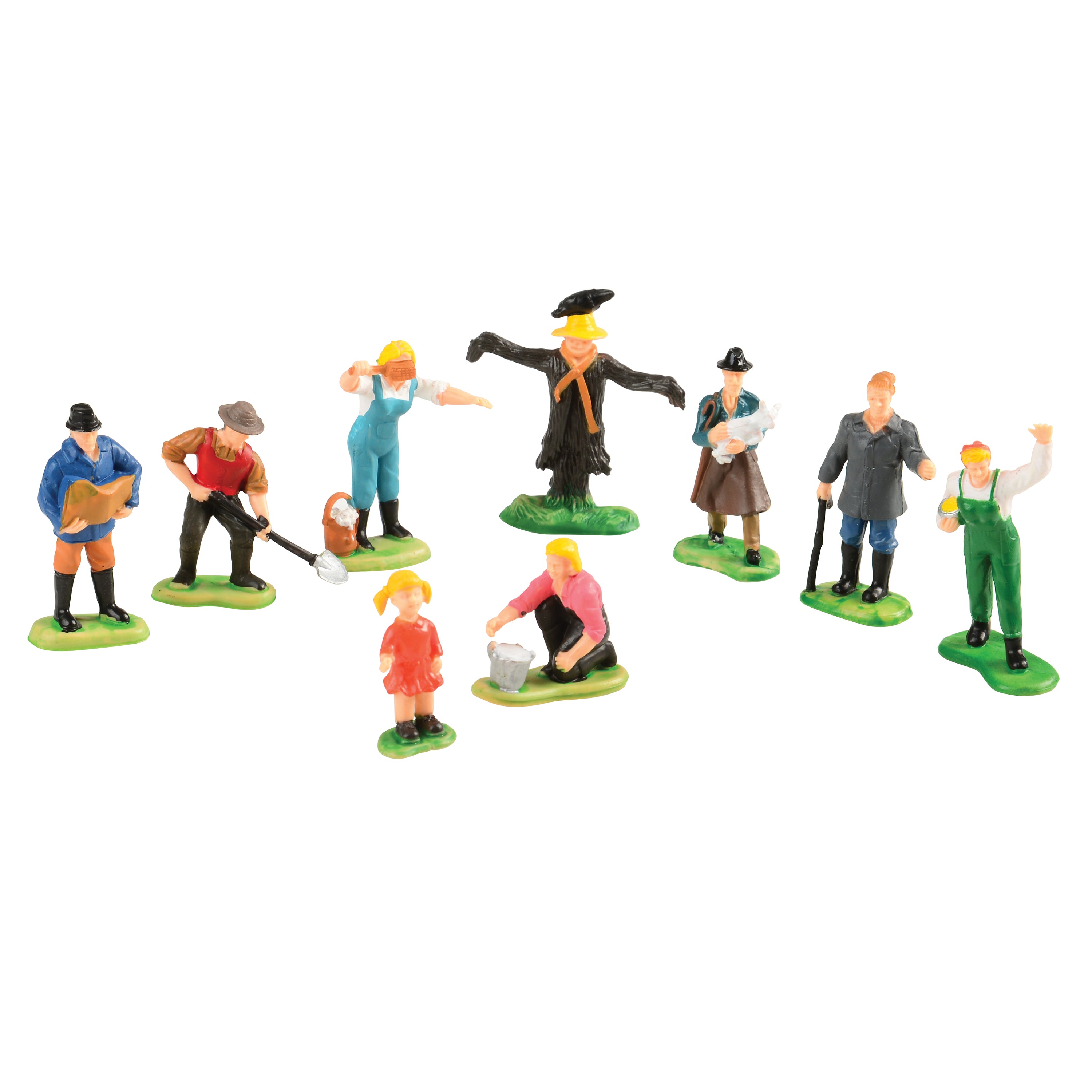 Set of toy figures on green bases with a white background