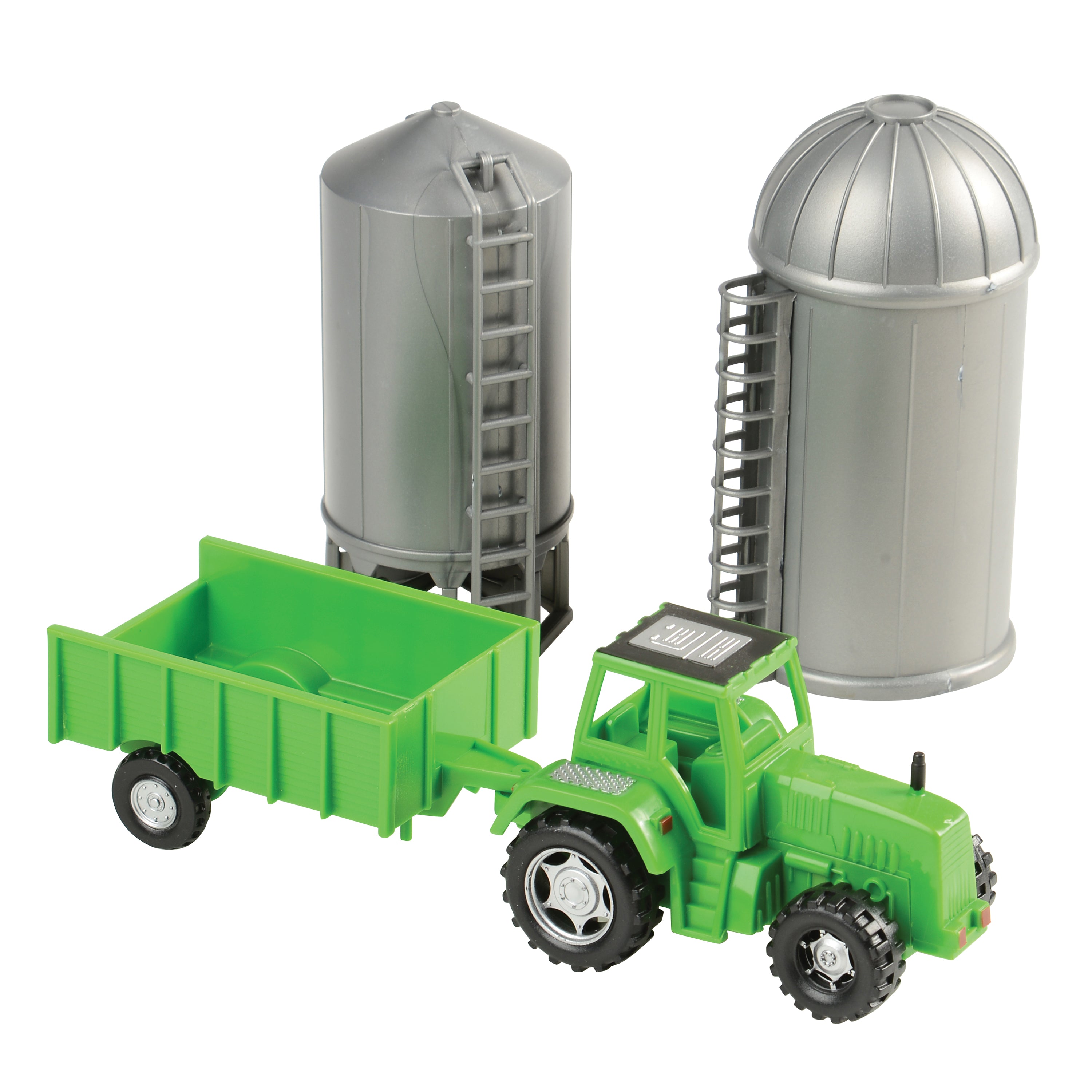 Toy tractor with green trailer and gray silos on a white background