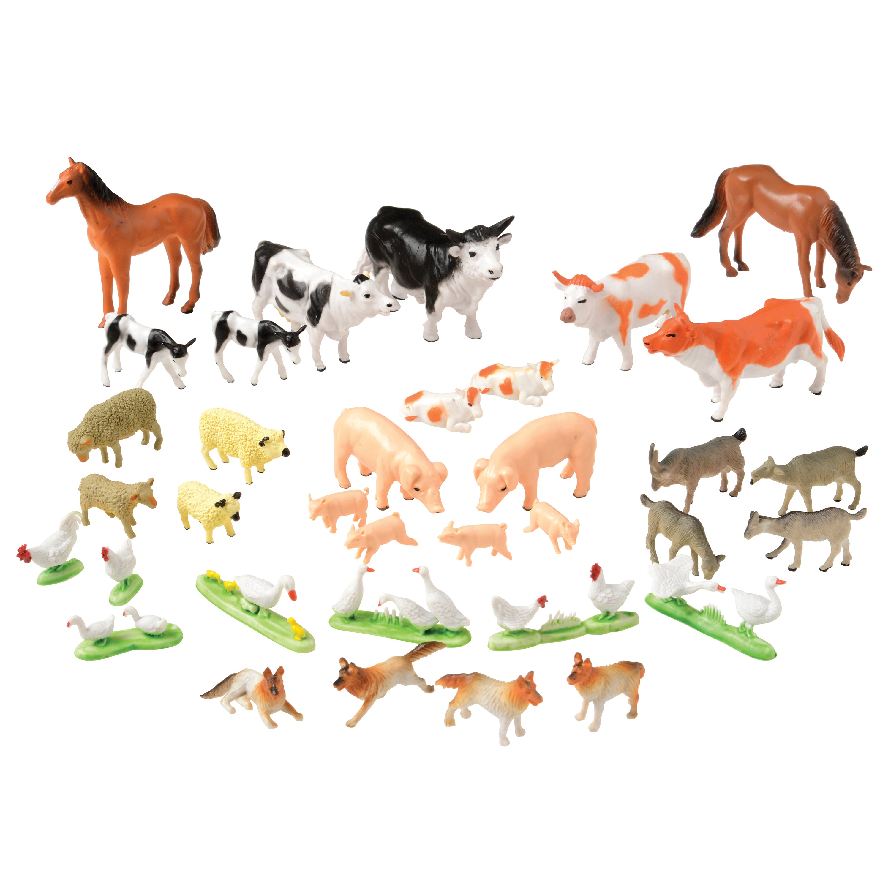 Collection of various farm animal figurines on a white background