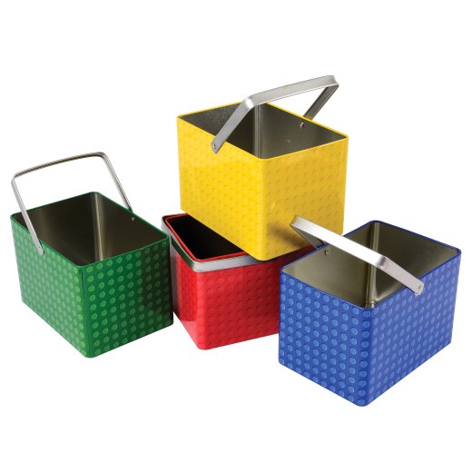 Four colorful square containers with handles on a white background