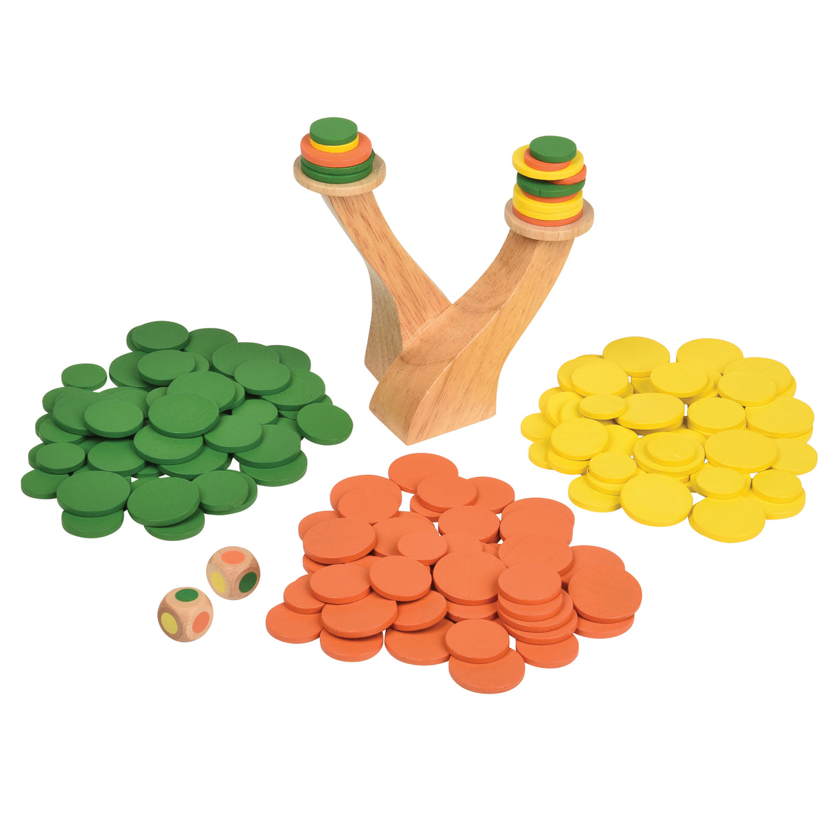 Complete Trees & Leaves Balance Game with wooden stand, color dice, and green, orange, and yellow stacking discs