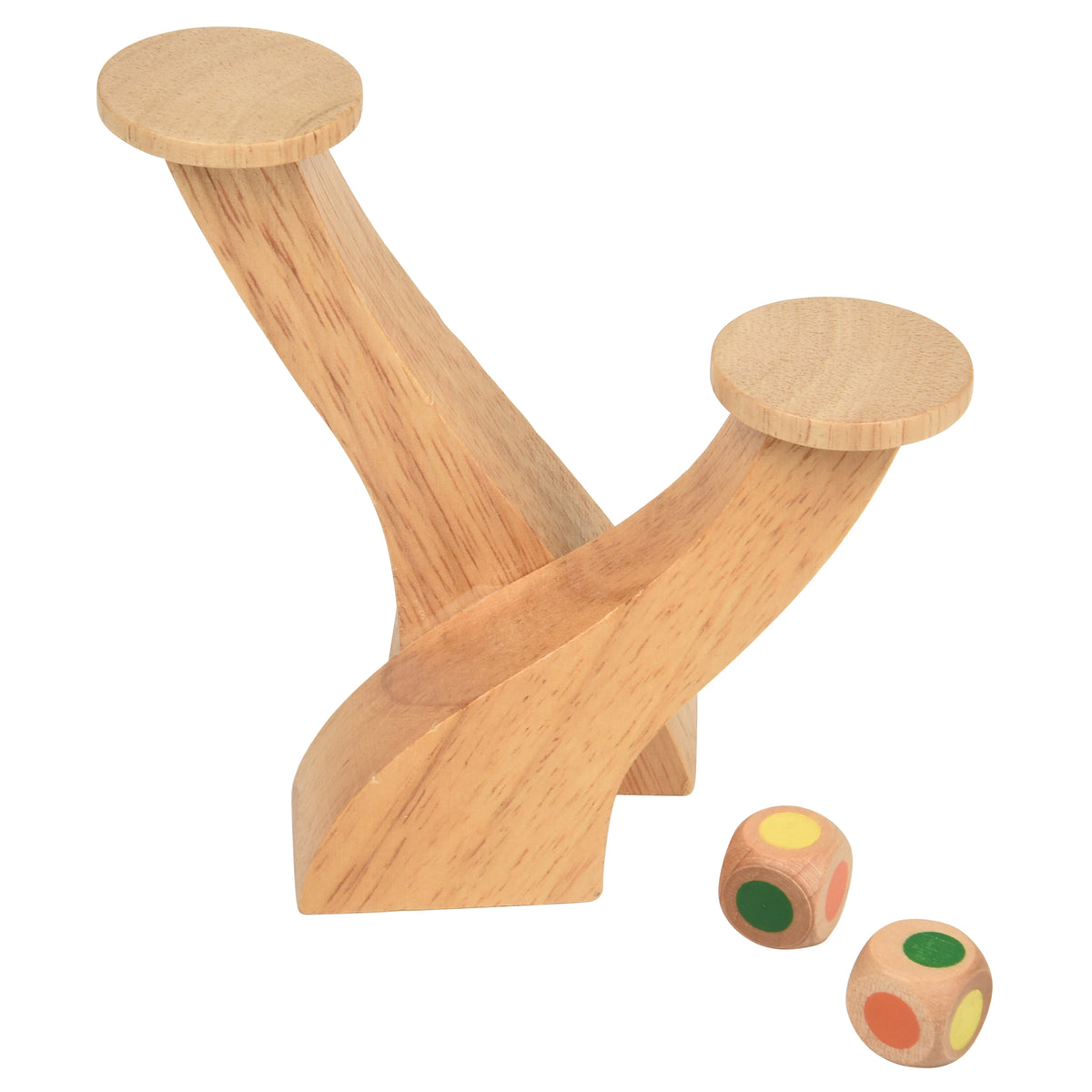 Slingshot-shaped wooden balancing stand with two color dice for the Trees & Leaves Balance Game