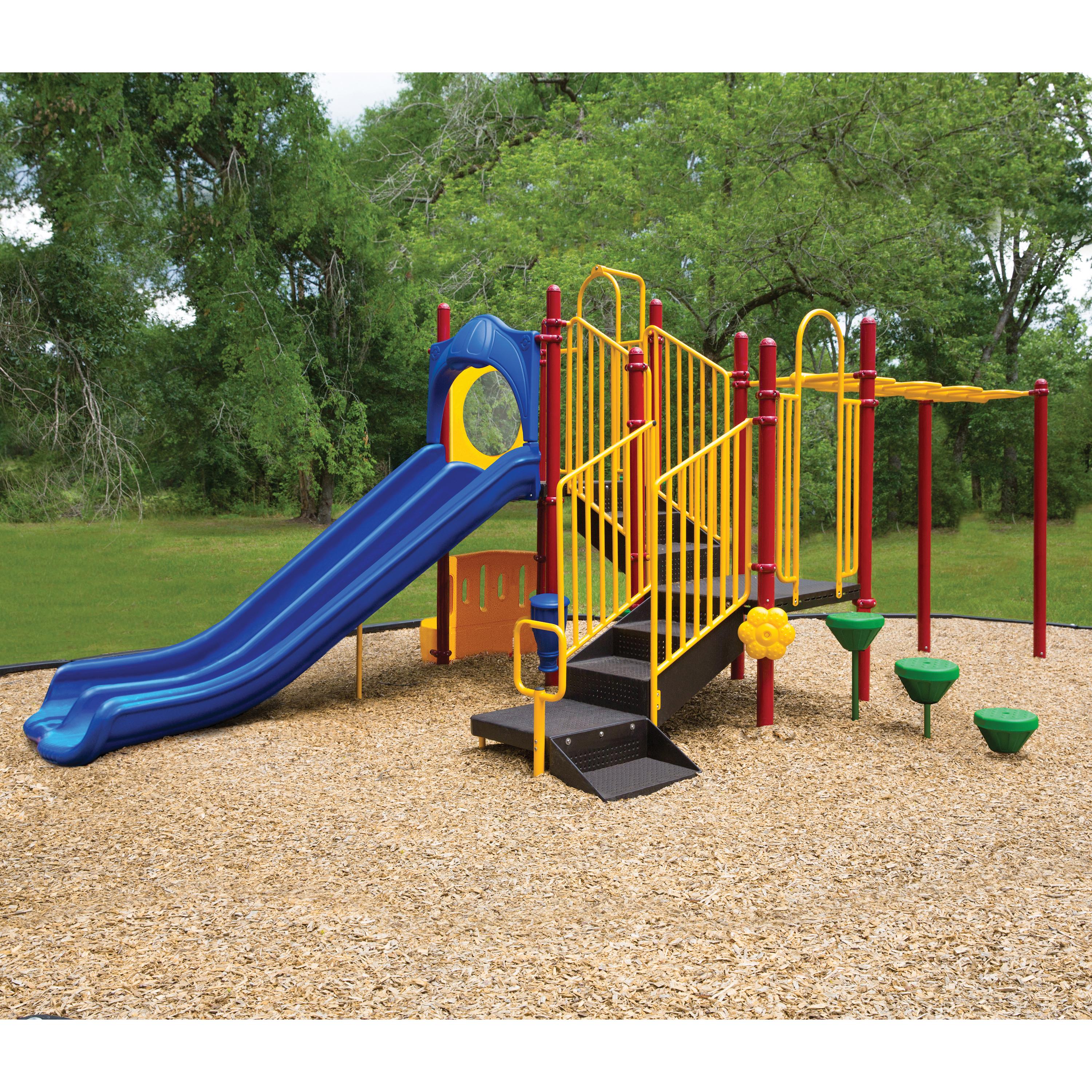 Colorful playground structure with slides and climbing elements in a park setting.