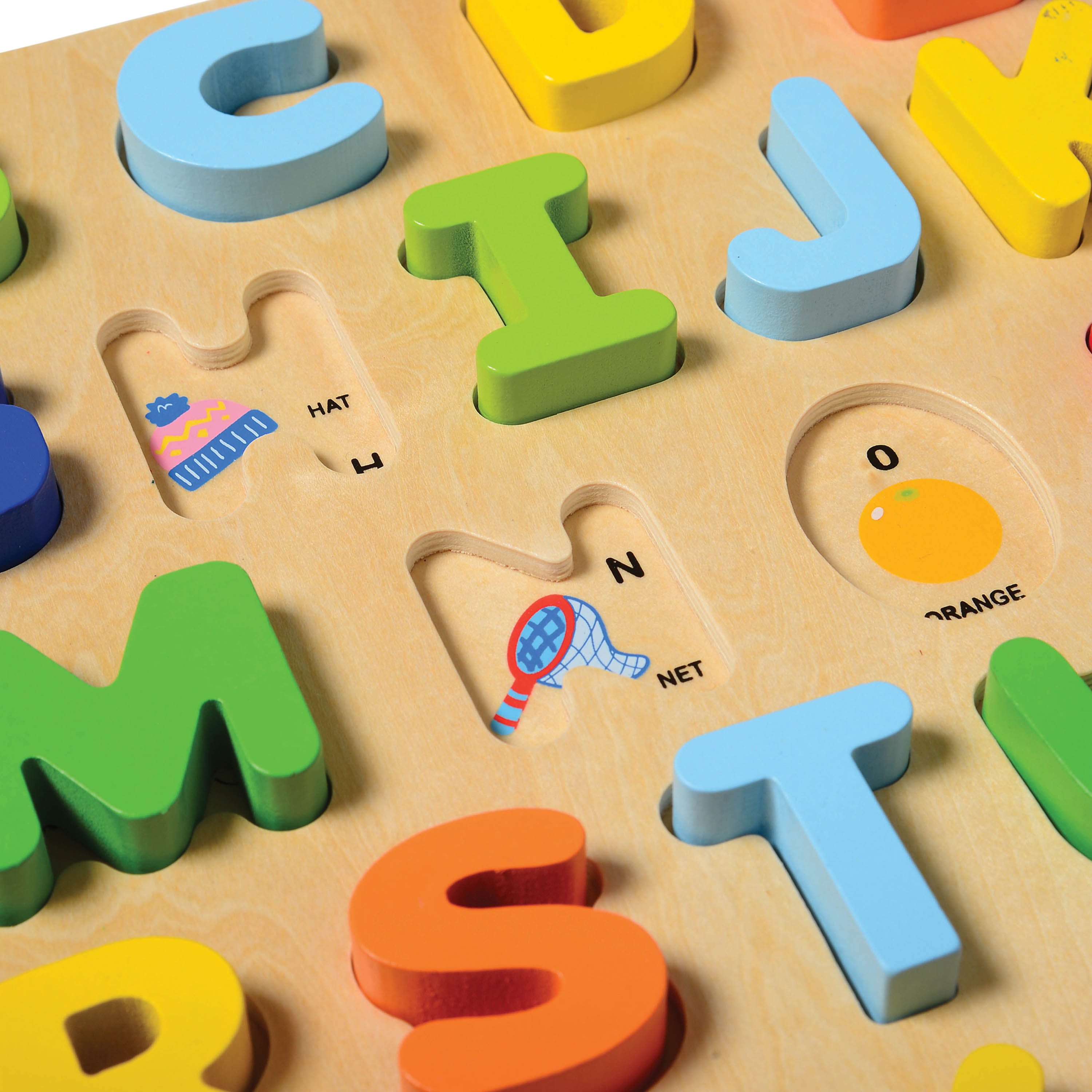 Colorful wooden alphabet puzzle with letters and illustrations on a wooden surface