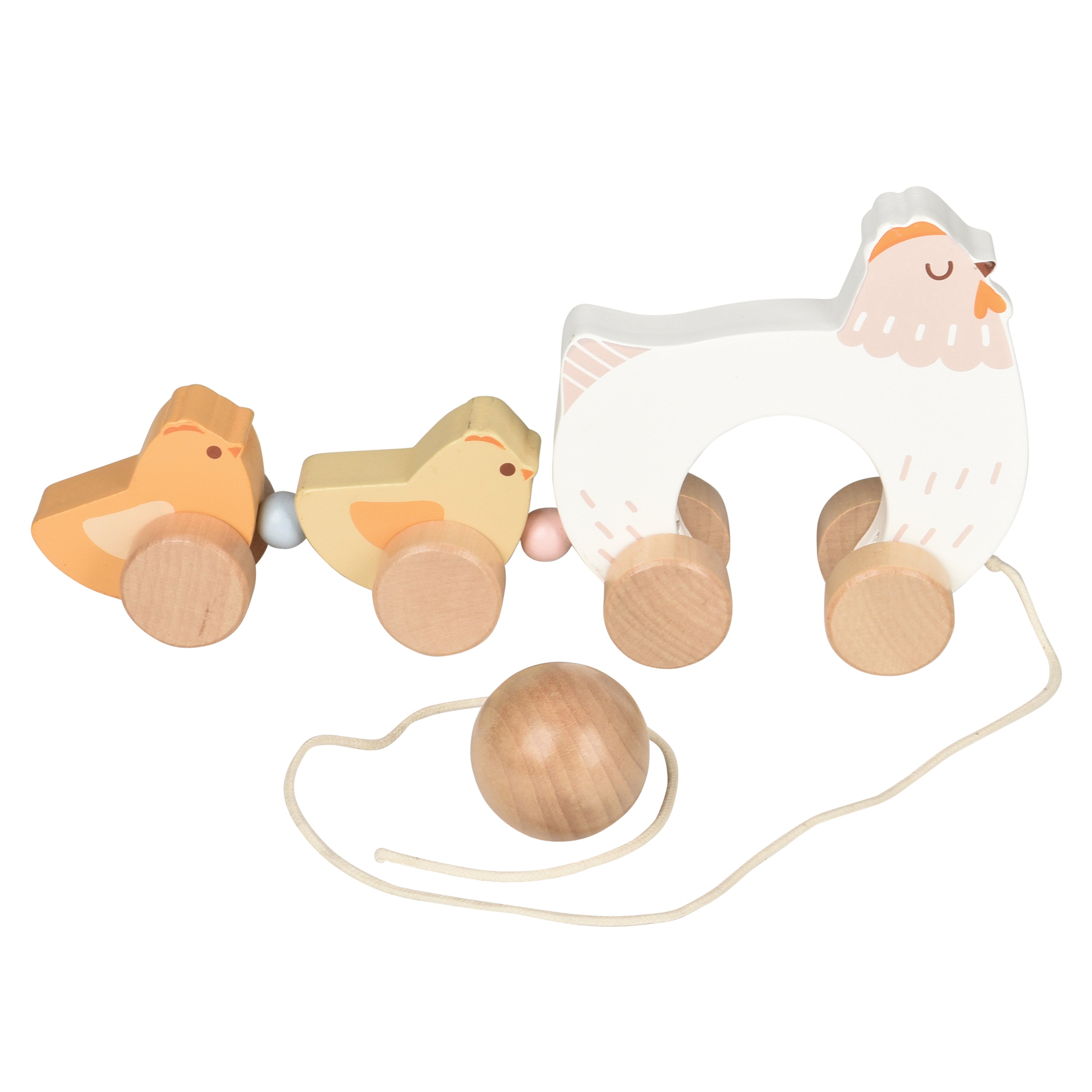 Wooden pull toy with a chicken and three chicks on a white background