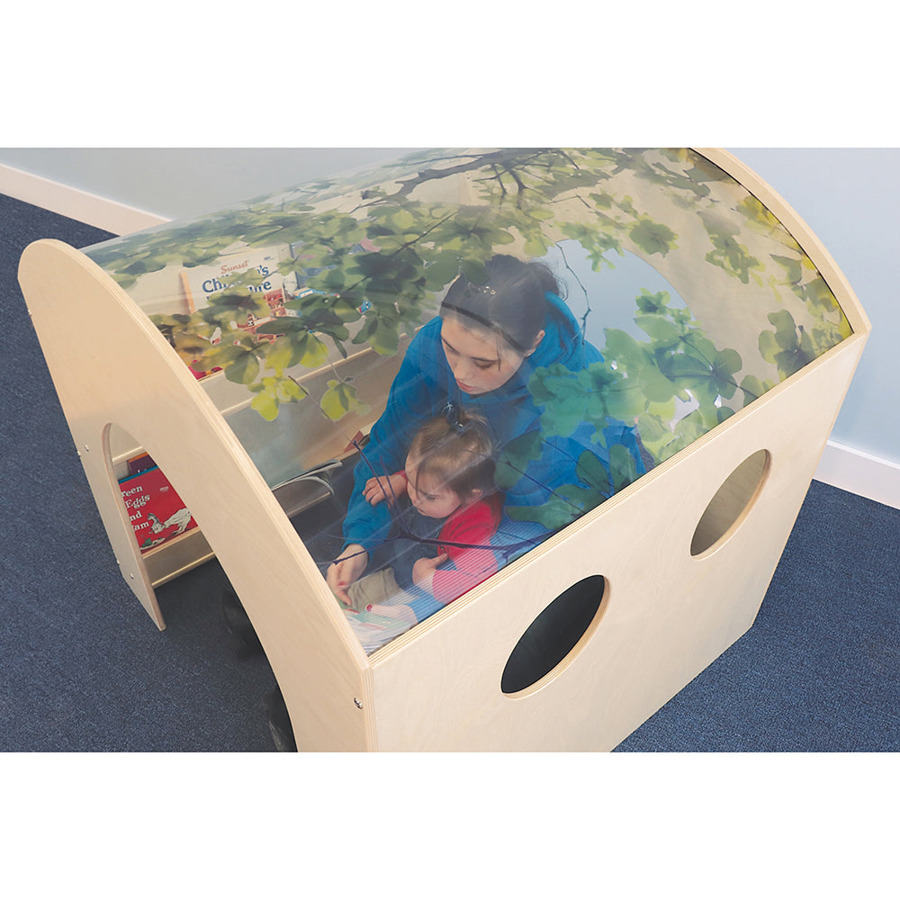Teacher and kid inside Nature View Reading Nook