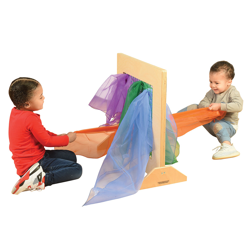 Two Kids Using Cooperative Play with Wooden Weaving Set