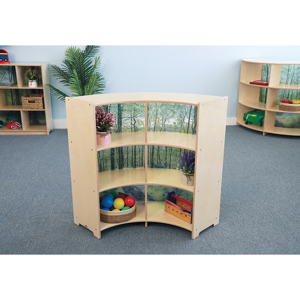 Children's playroom with a curved wooden shelf unit and toys.