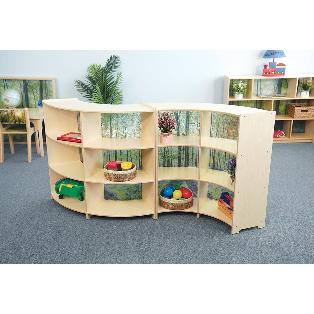 Children's wooden shelf with toys in a classroom setting