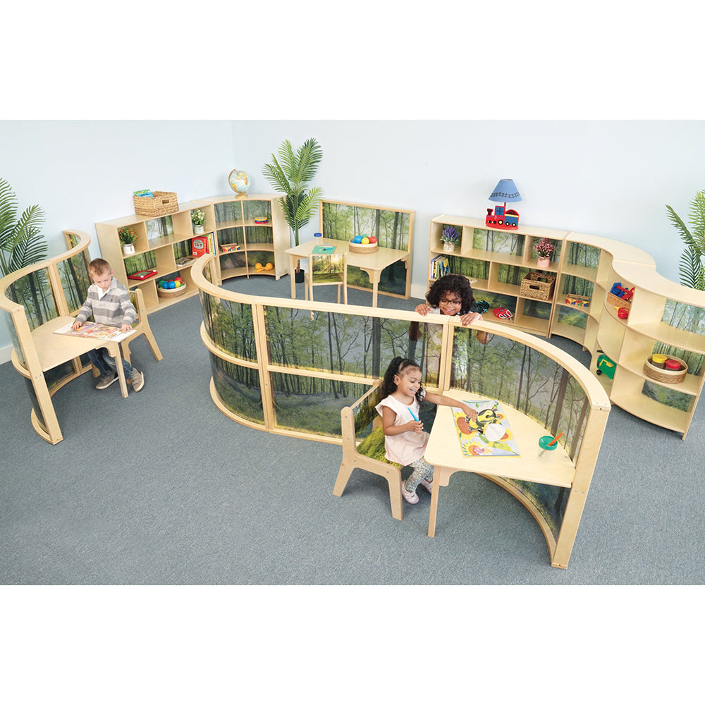 Children playing in a modern playroom with wooden furniture and shelves.