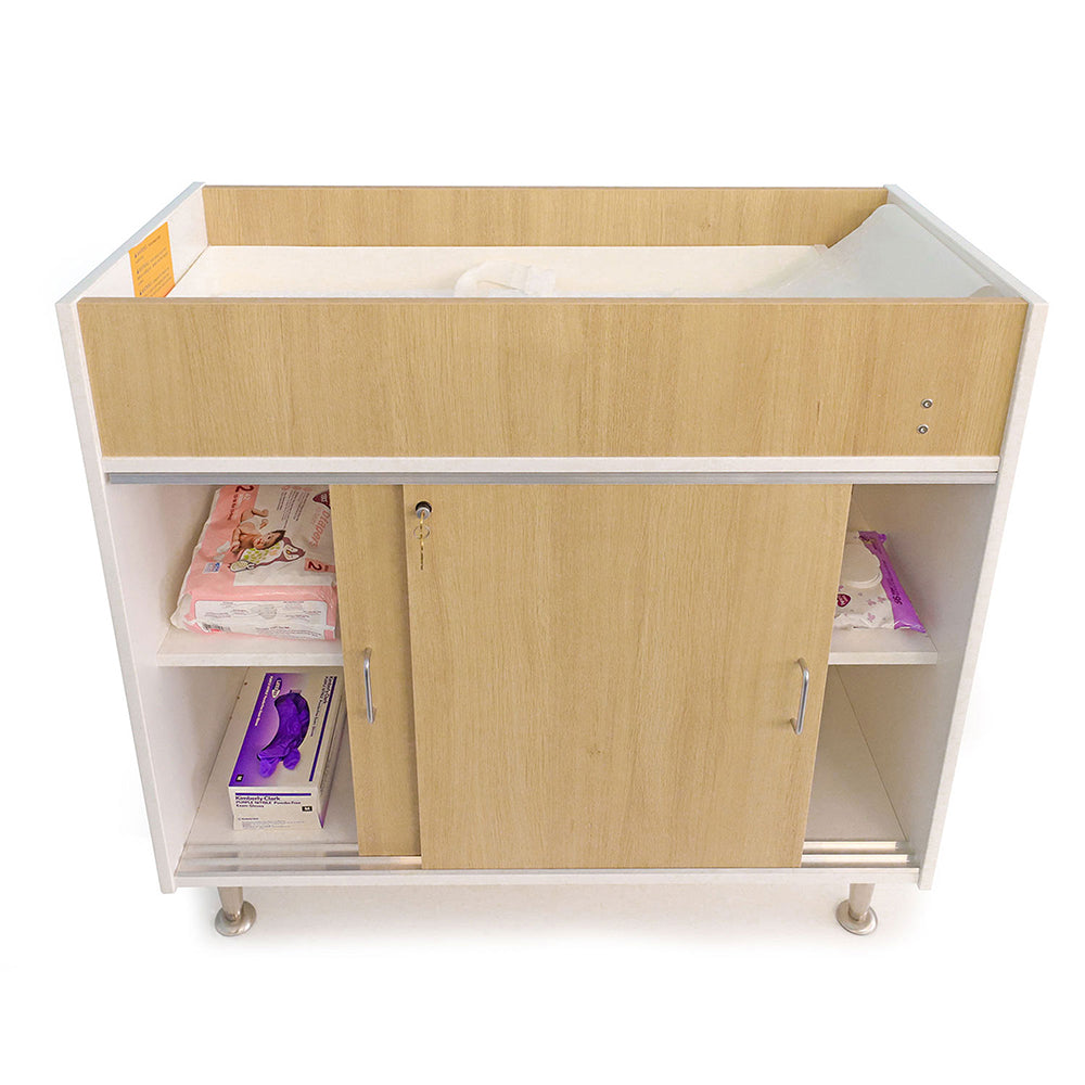 White and wooden storage cart with wheels on a white background