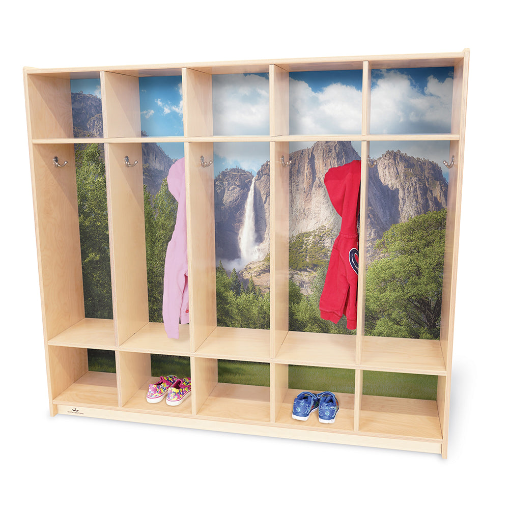 Wooden locker with scenic mountain designs on the background, used for storing clothes and shoes.