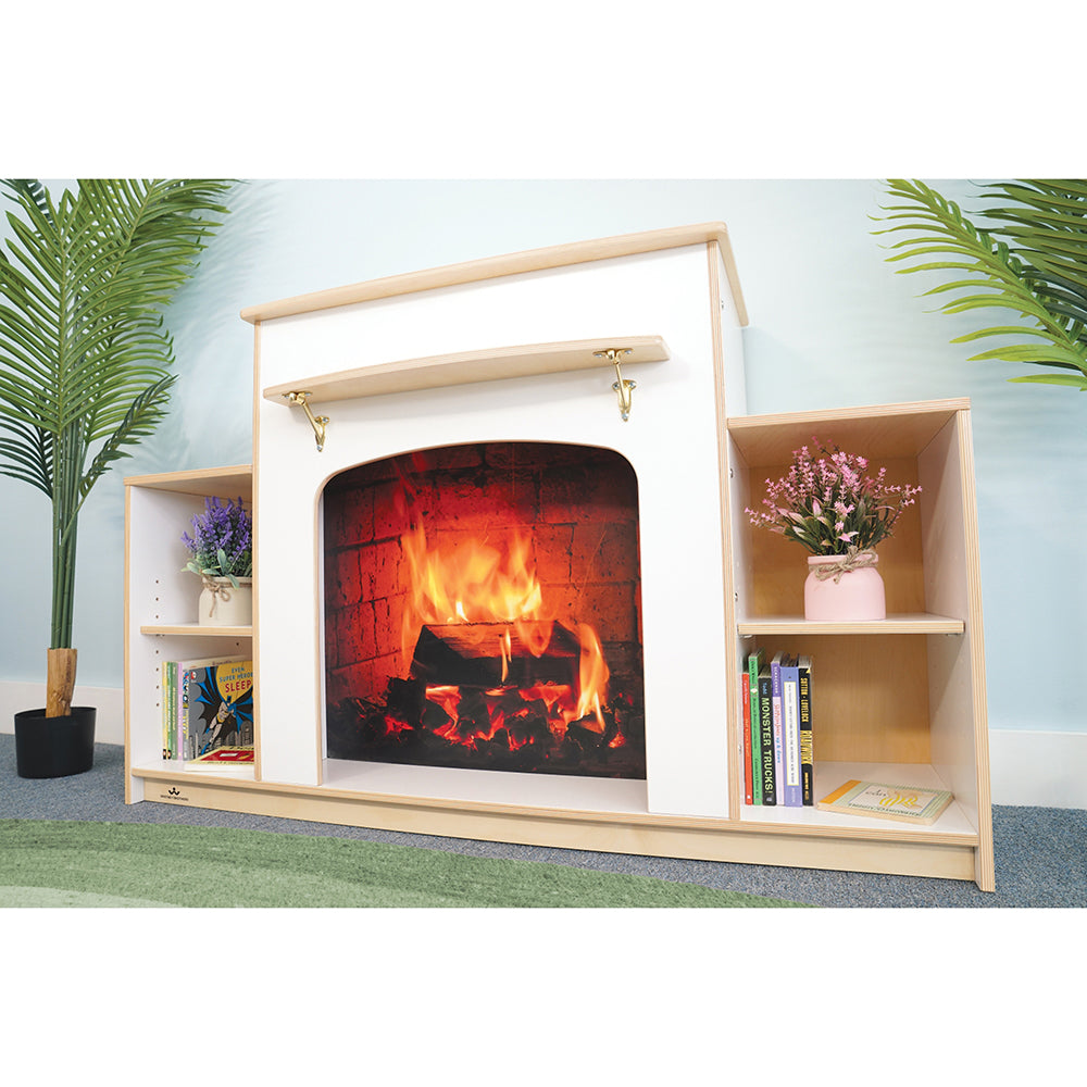 Wooden fireplace with bookshelves and decorative items on a white background