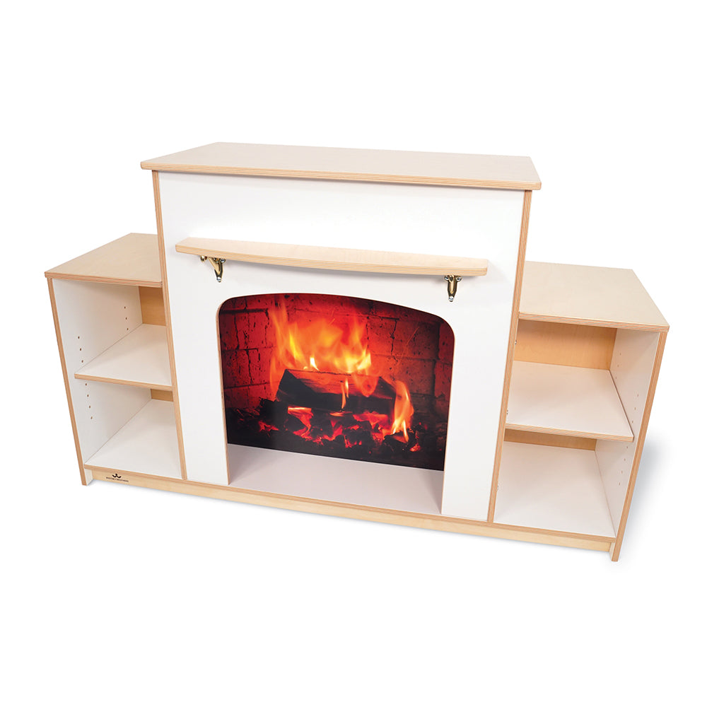 Wooden fireplace with shelves on a white background