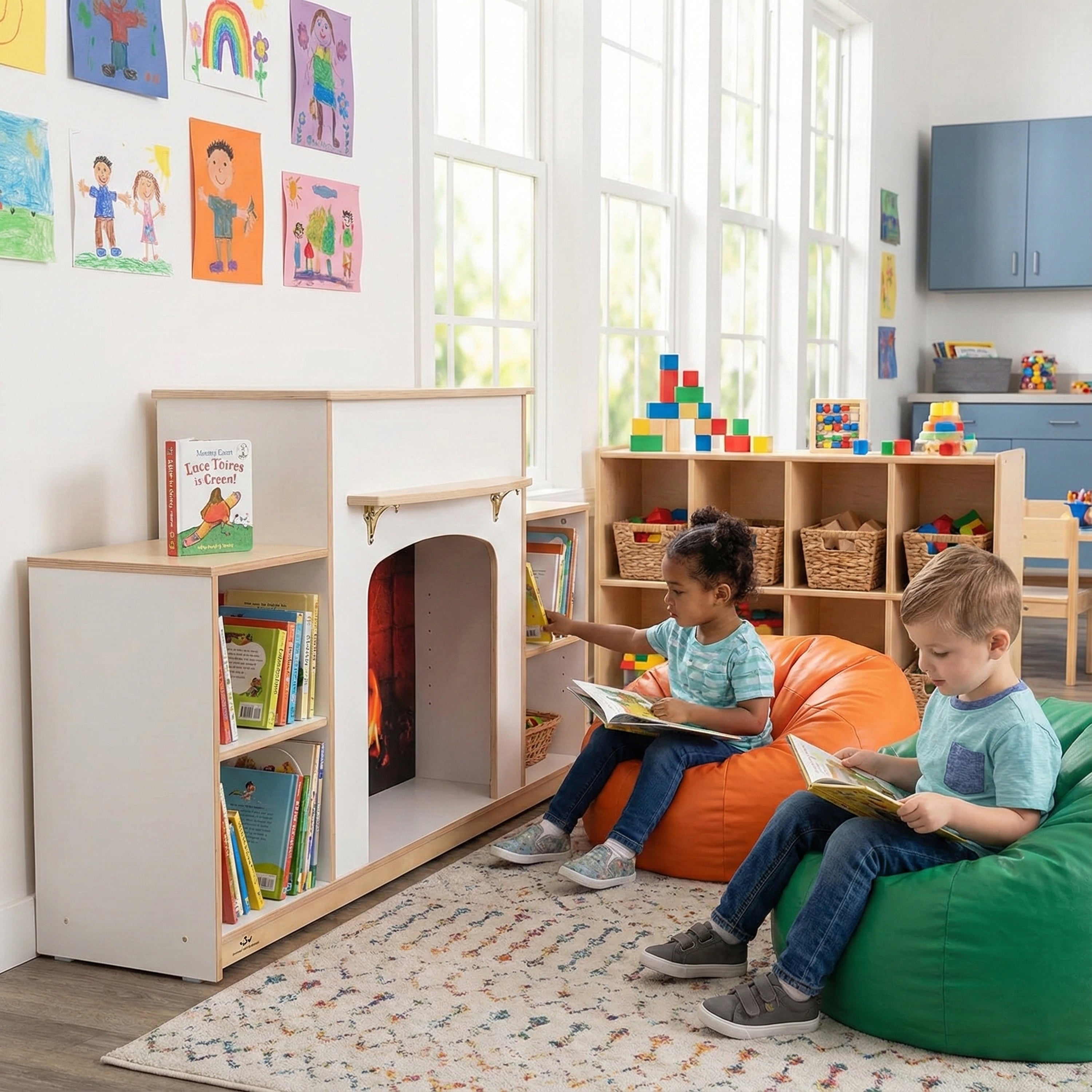 Classroom Warm And Welcoming Fireplace | Cozy White Display with Adjustable Shelves & Book Storage