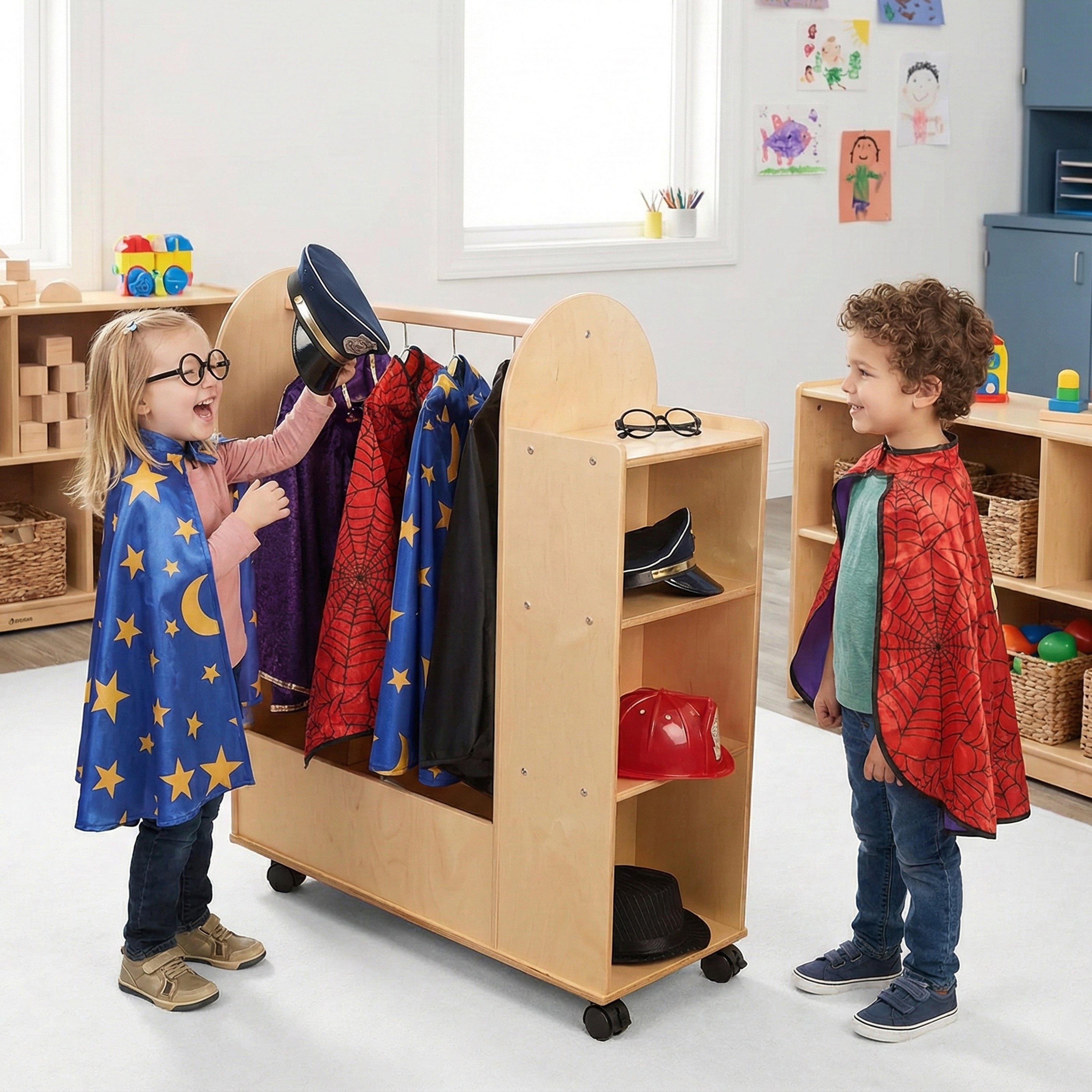 Rolling Dress Up Unit Storage Cart with Mirror and Hooks | For Kids' Clothes & Accessories