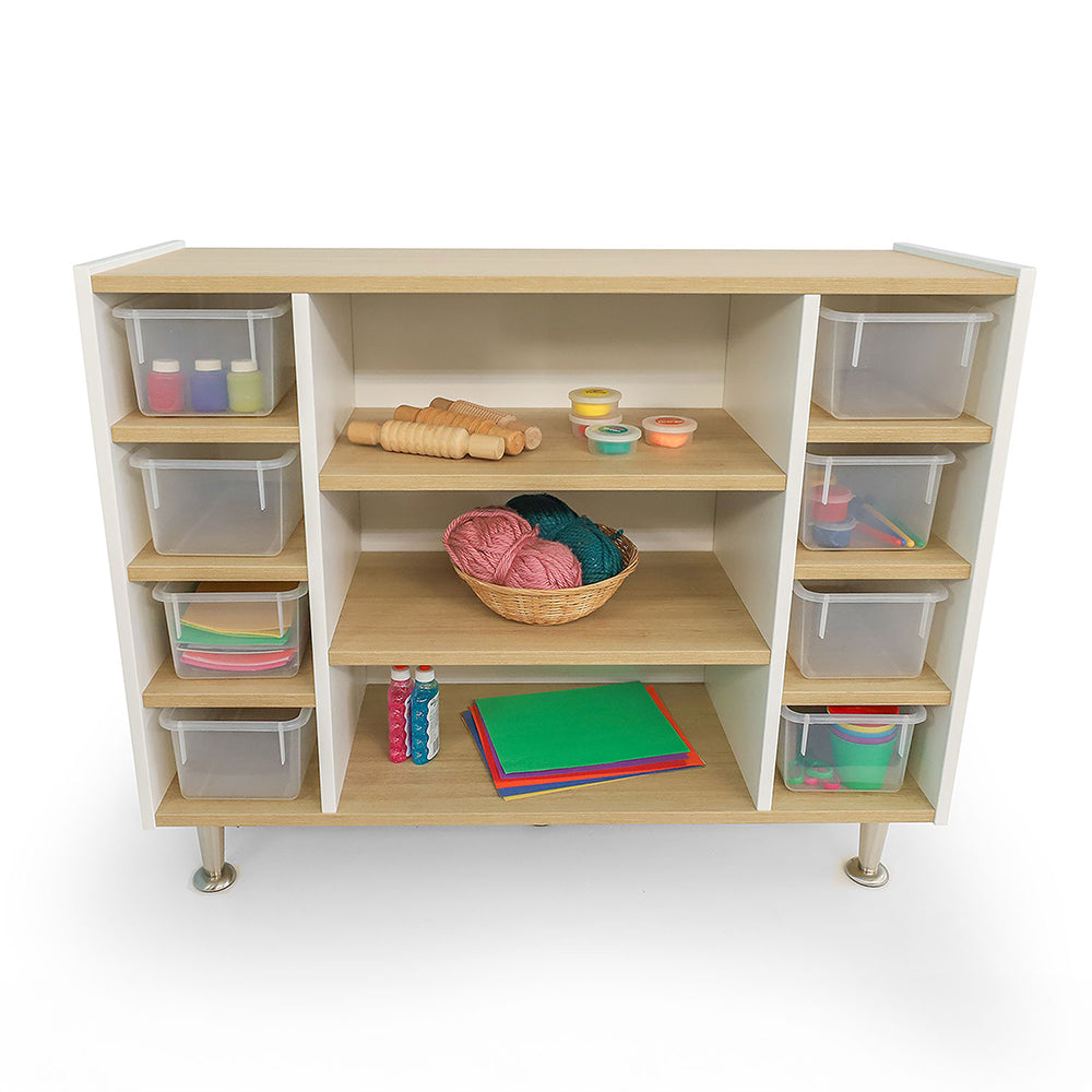 Wooden shelf with storage bins and craft supplies on a white background