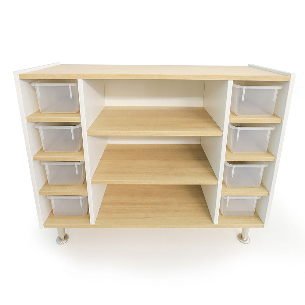 Wooden storage shelf with multiple shelves and transparent storage bins on a white background