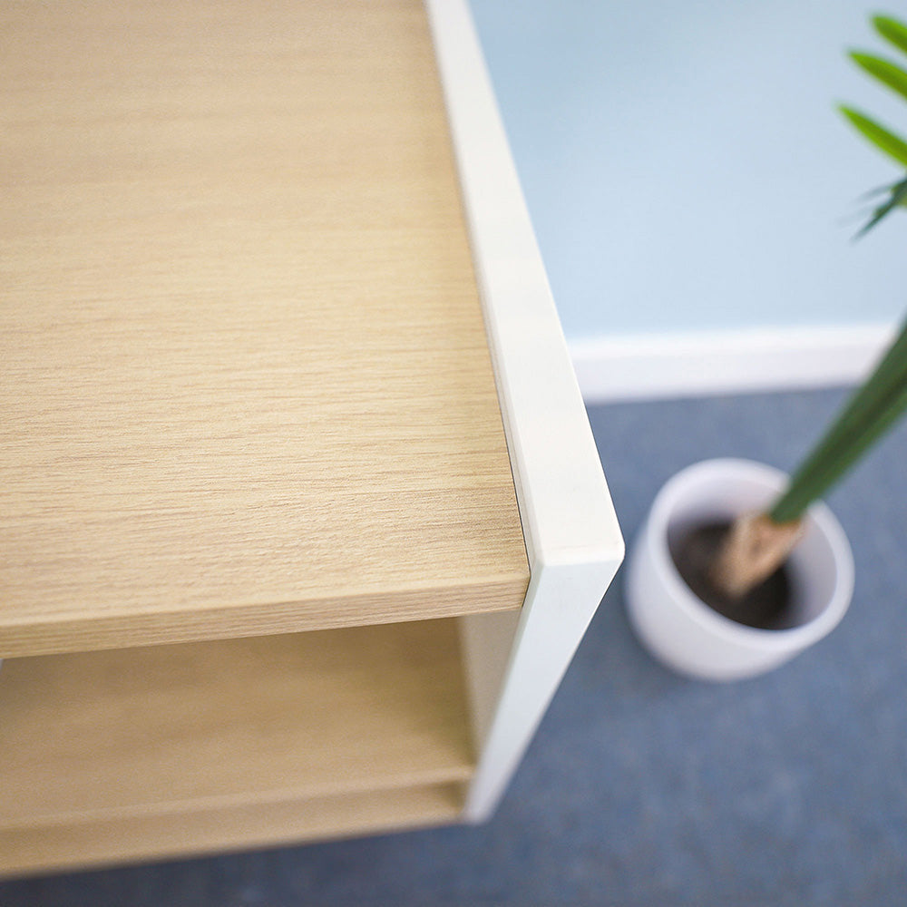 Wooden shelf with a plant on a blue floor