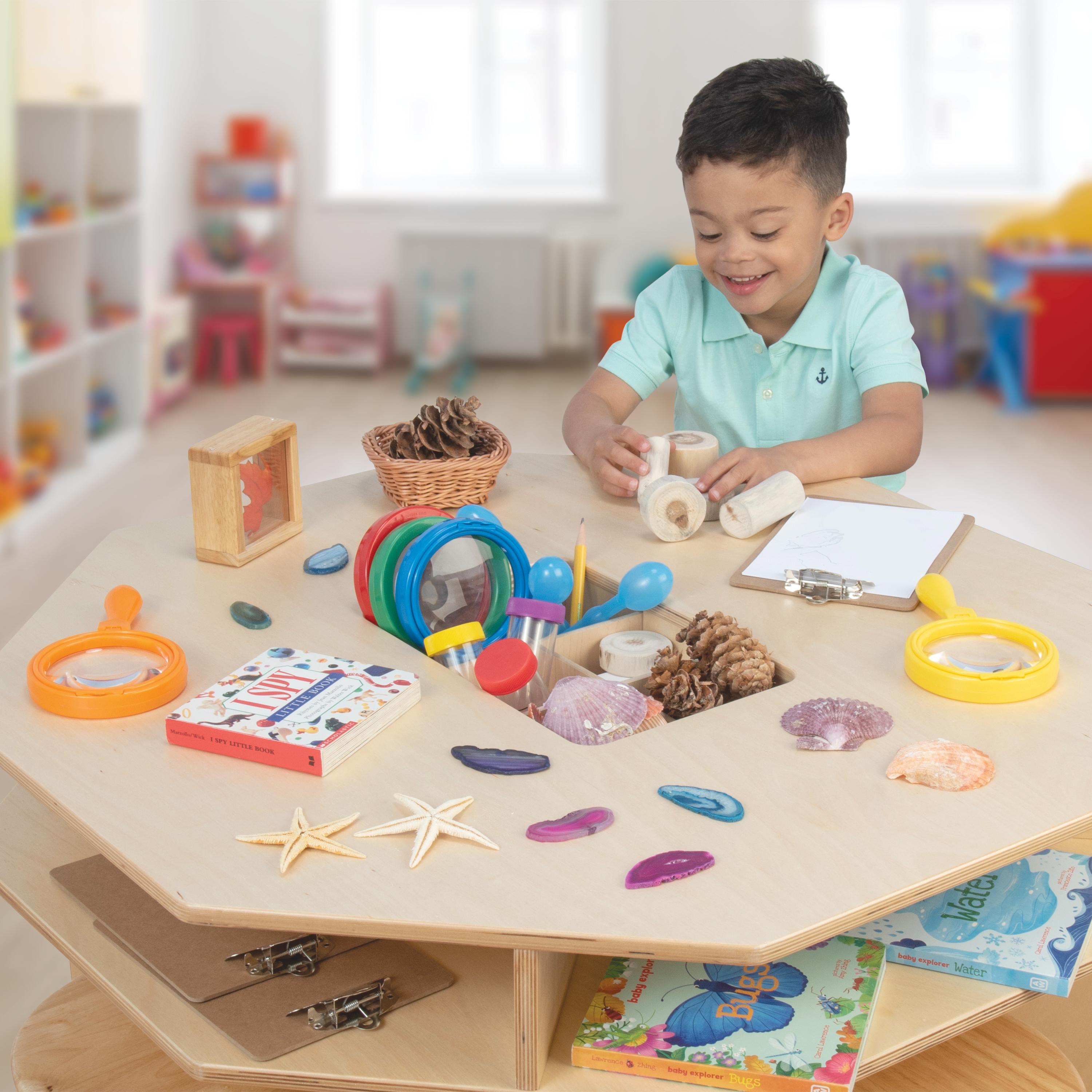 Wooden Discovery Table with 4 Classroom Stools | Hands on Science Center