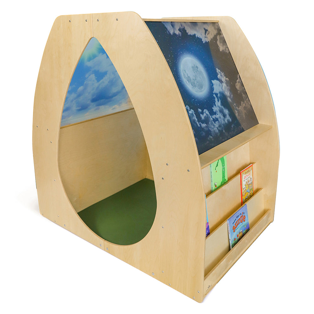 Wooden children's bookshelf with space-themed design and books on a white background
